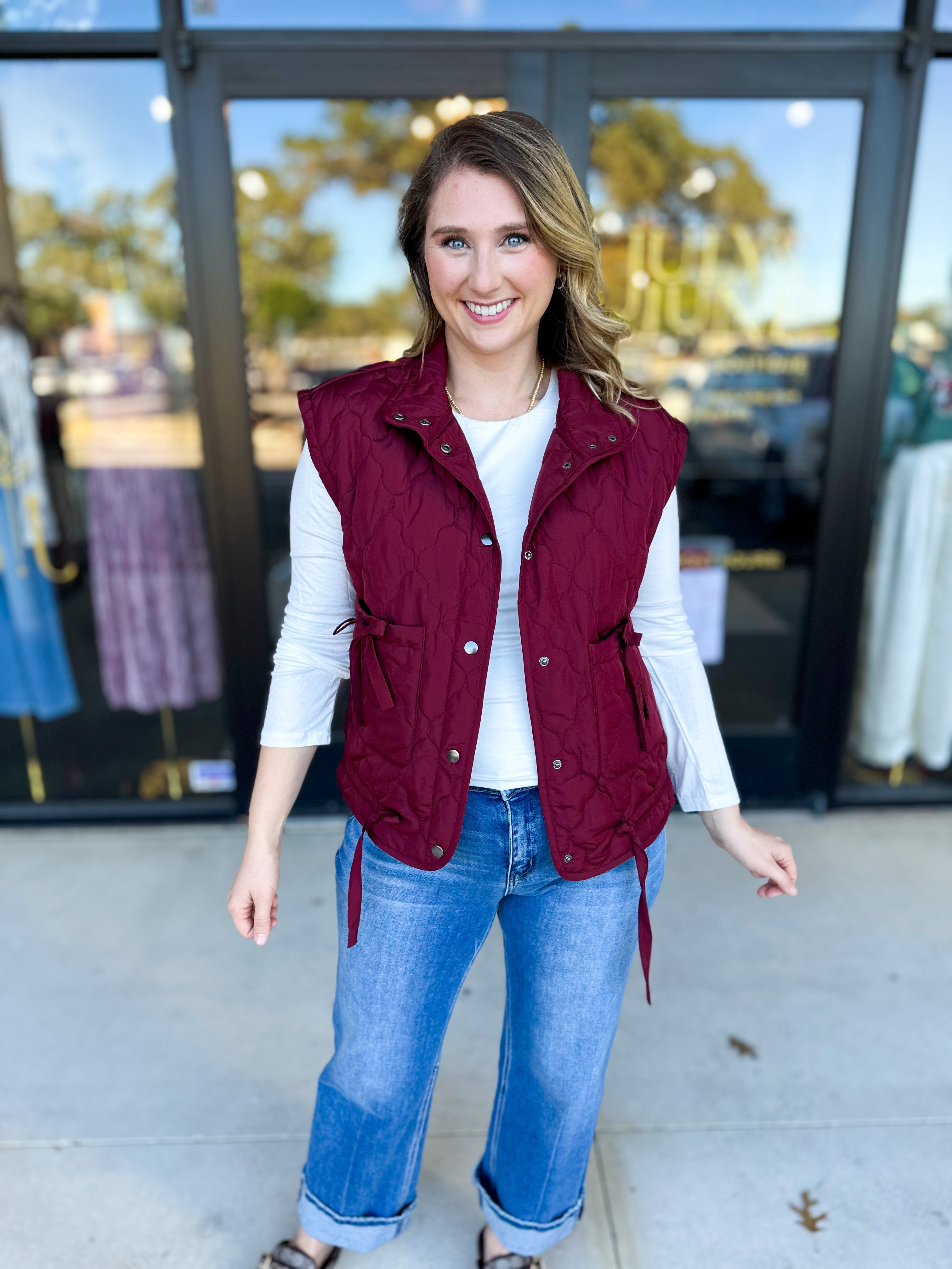 Quilted Bow Vest - Burgundy-600 Outerwear-BLU PEPPER-July & June Women's Fashion Boutique Located in San Antonio, Texas
