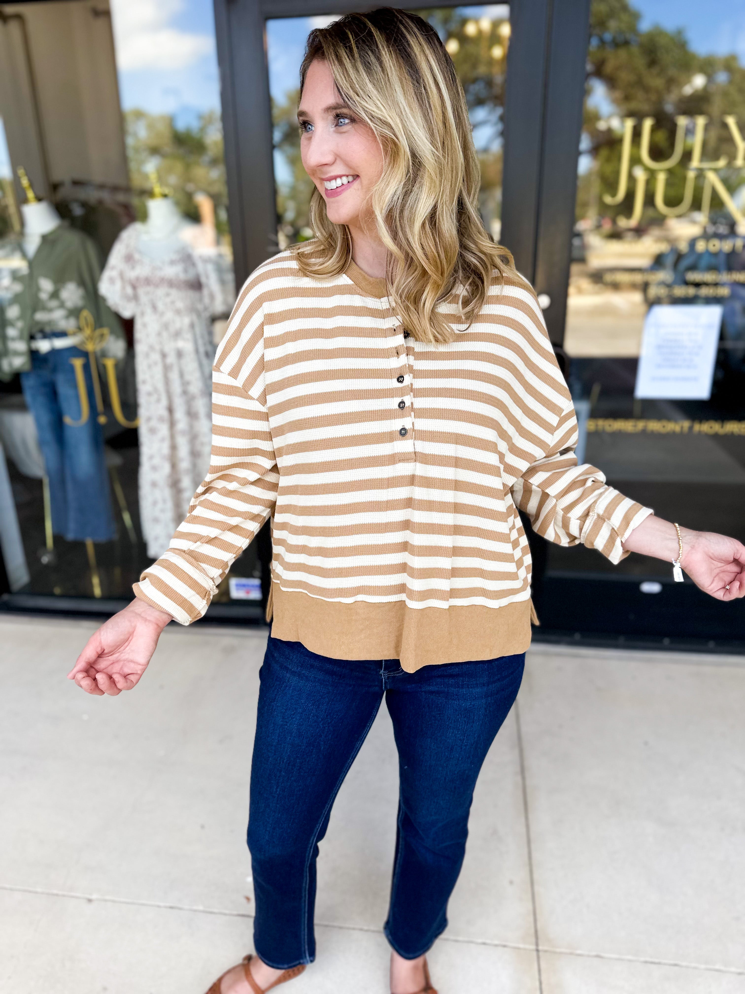 Casual Cool Henley Long Sleeve - Tan-210 Casual Blouses-POLOGRAM-July & June Women's Fashion Boutique Located in San Antonio, Texas