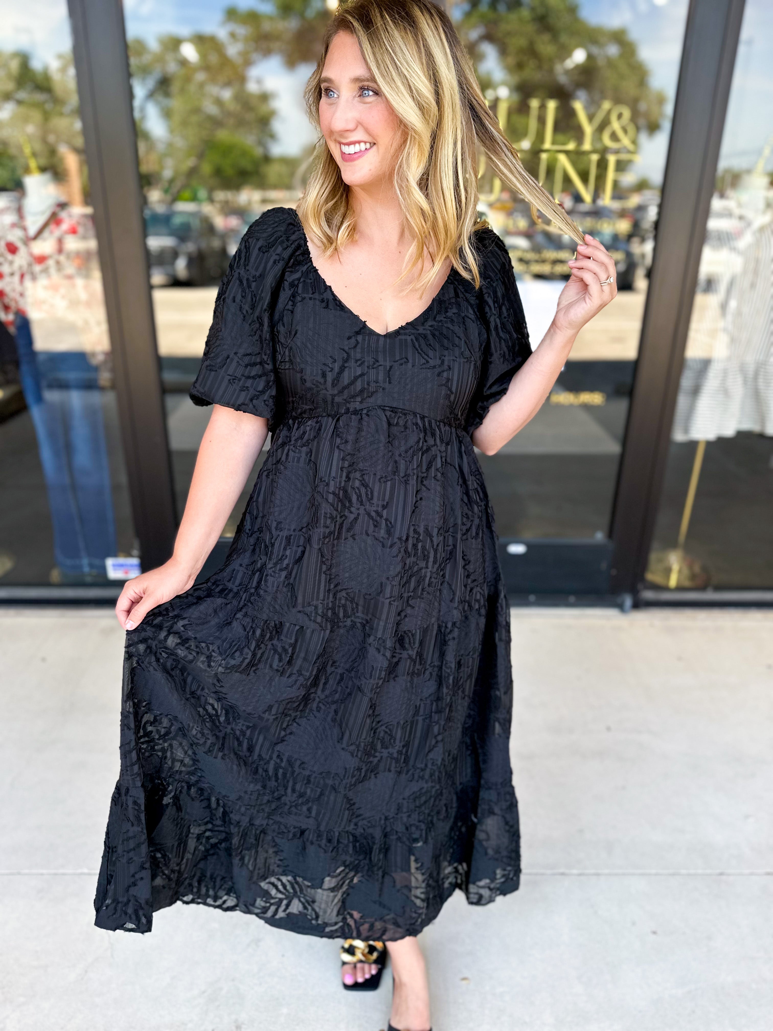 Midnight Textured Midi Dress-500 Midi-POLOGRAM-July & June Women's Fashion Boutique Located in San Antonio, Texas