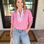 Seersucker Sweet Blouse - Pink-200 Fashion Blouses-ENTRO-July & June Women's Fashion Boutique Located in San Antonio, Texas