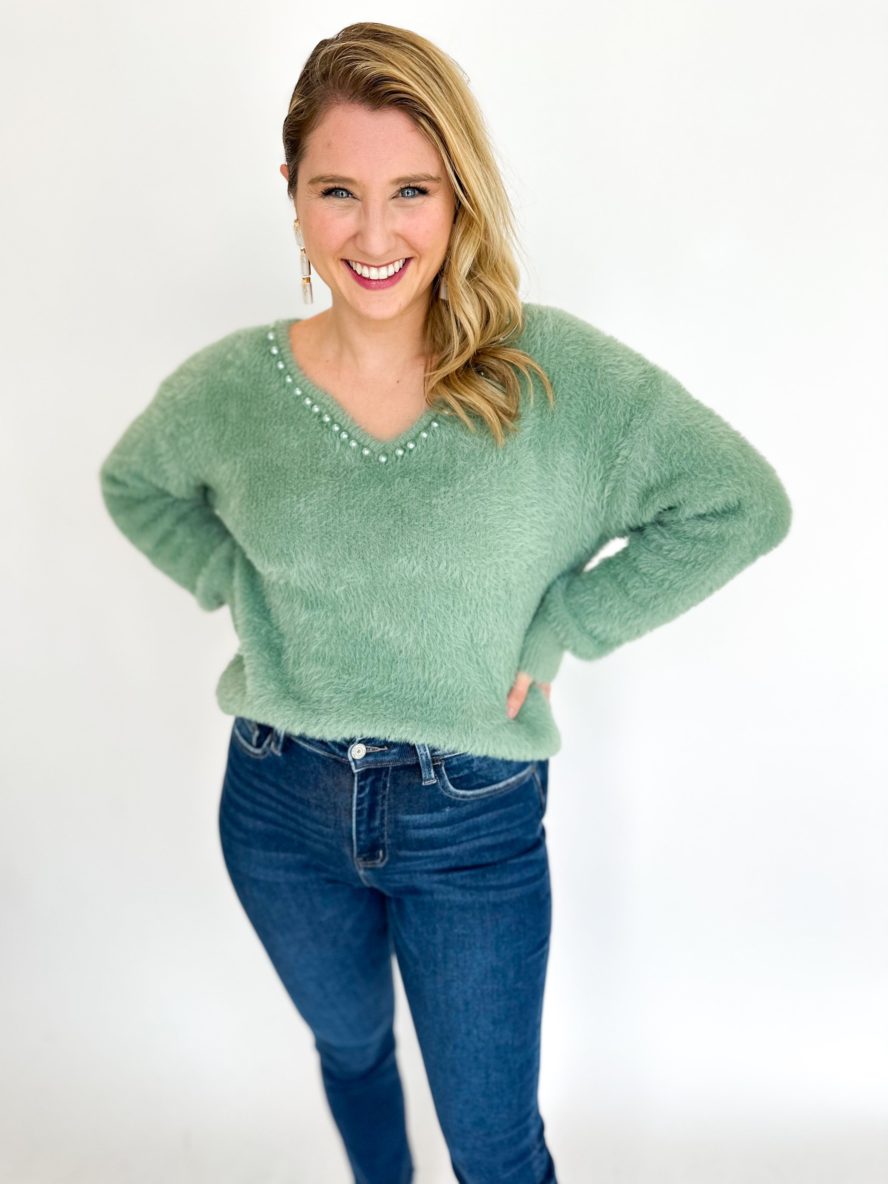 Pearl Fuzzy Sweater- Sage-230 Sweaters/Cardis-LISTICLE-July & June Women's Fashion Boutique Located in San Antonio, Texas