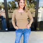 Henley Long Sleeve Basic Top - Camel-210 Casual Blouses-POLOGRAM-July & June Women's Fashion Boutique Located in San Antonio, Texas