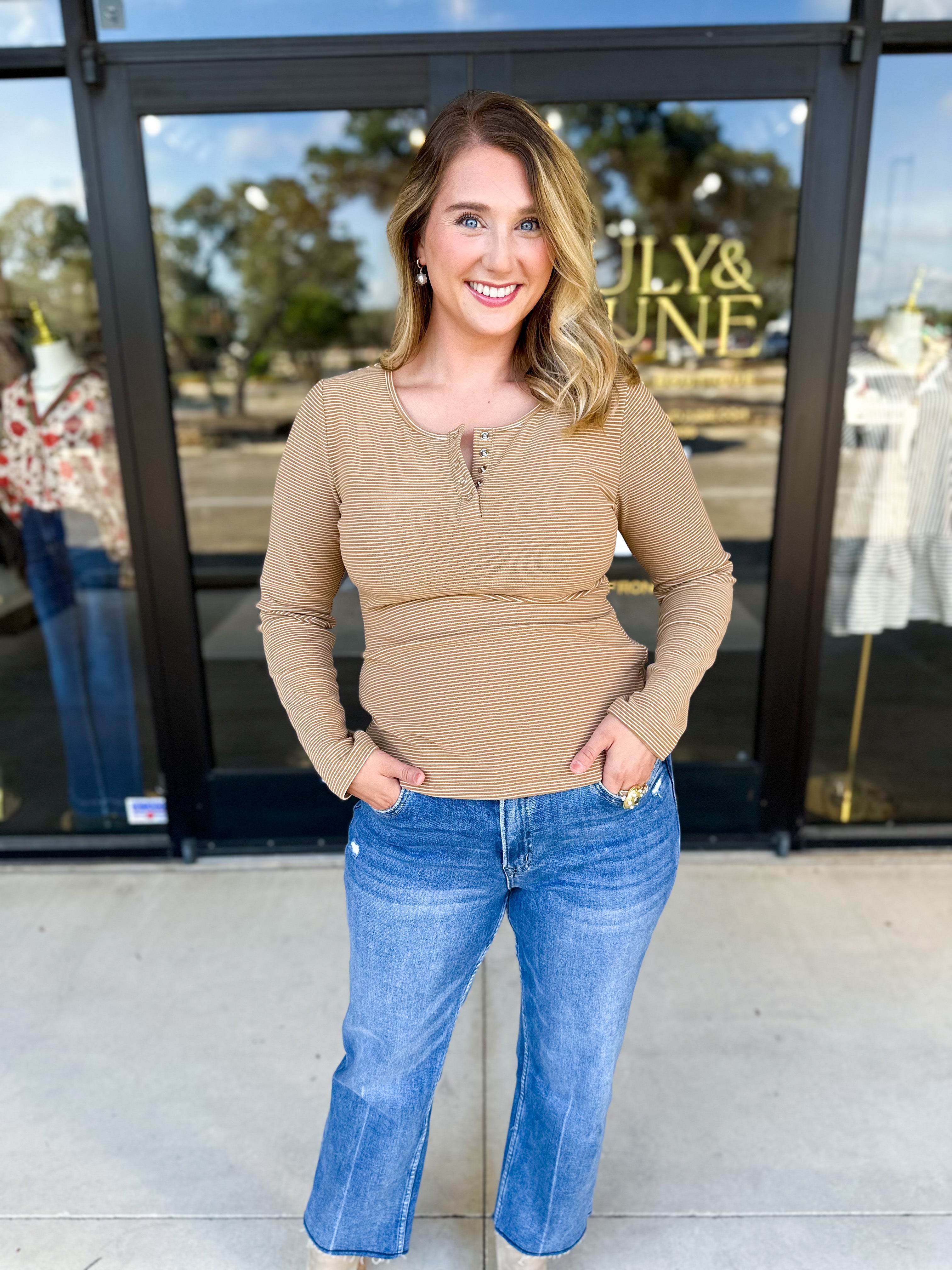 Henley Long Sleeve Basic Top - Camel-210 Casual Blouses-POLOGRAM-July & June Women's Fashion Boutique Located in San Antonio, Texas