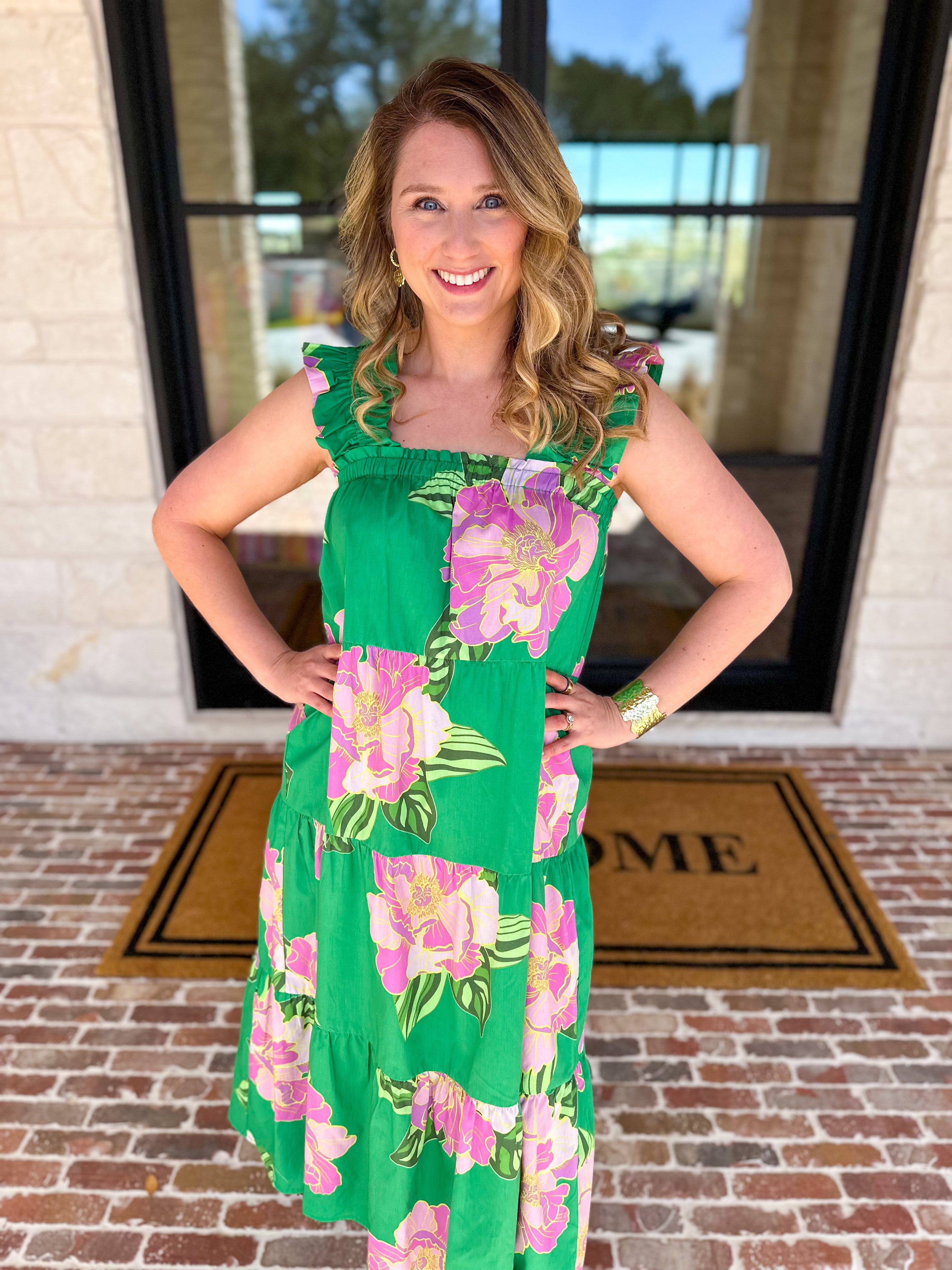 THML - Kelly Green Floral Tiered Midi Dress-500 Midi-THML-July & June Women's Fashion Boutique Located in San Antonio, Texas