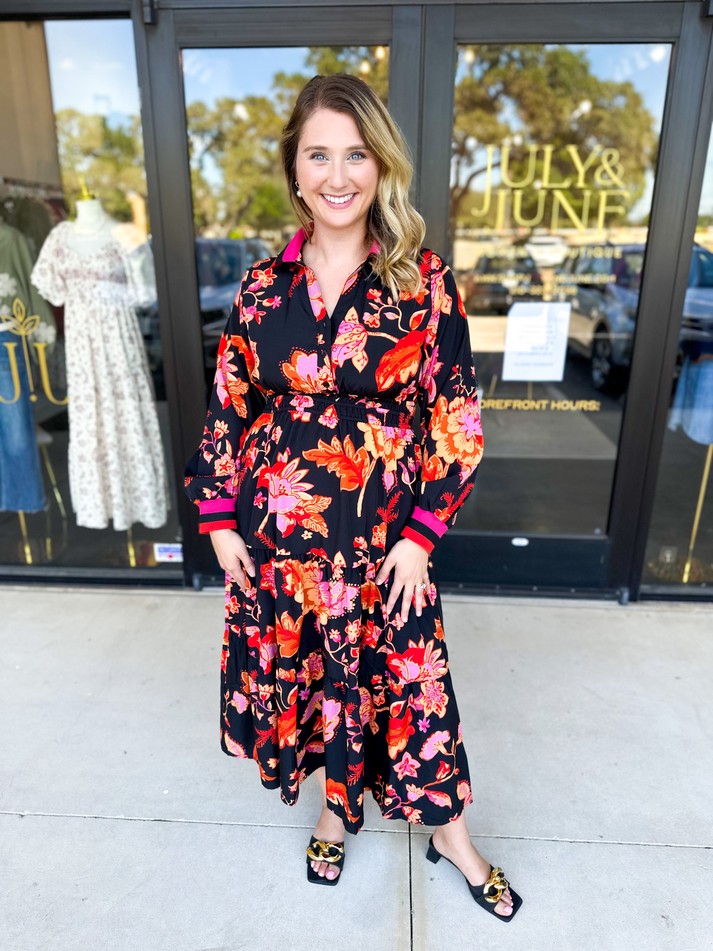 Bold Paisley Floral Print Midi Dress-500 Midi-JODIFL-July & June Women's Fashion Boutique Located in San Antonio, Texas