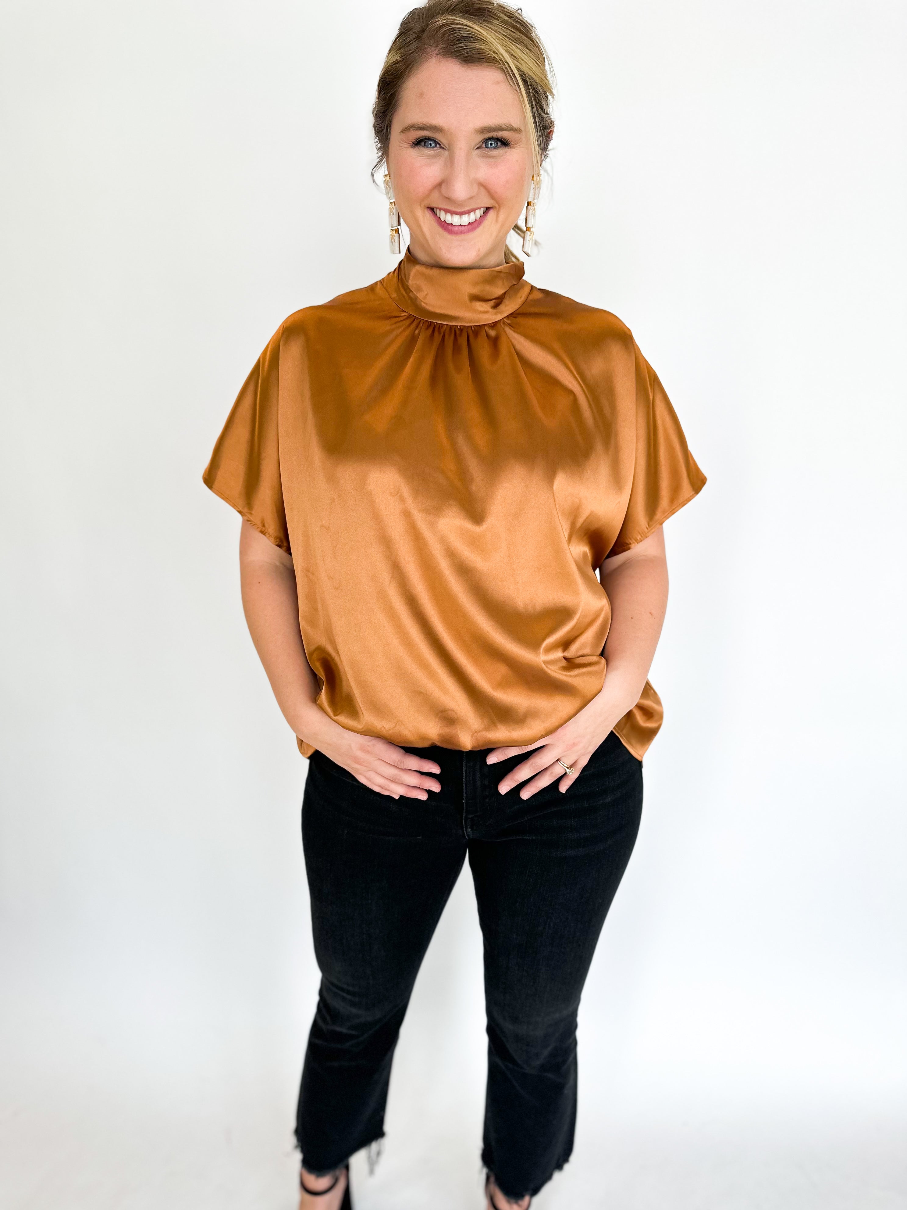 Charming Satin Blouse - Golden-200 Fashion Blouses-ADRIENNE-July & June Women's Fashion Boutique Located in San Antonio, Texas
