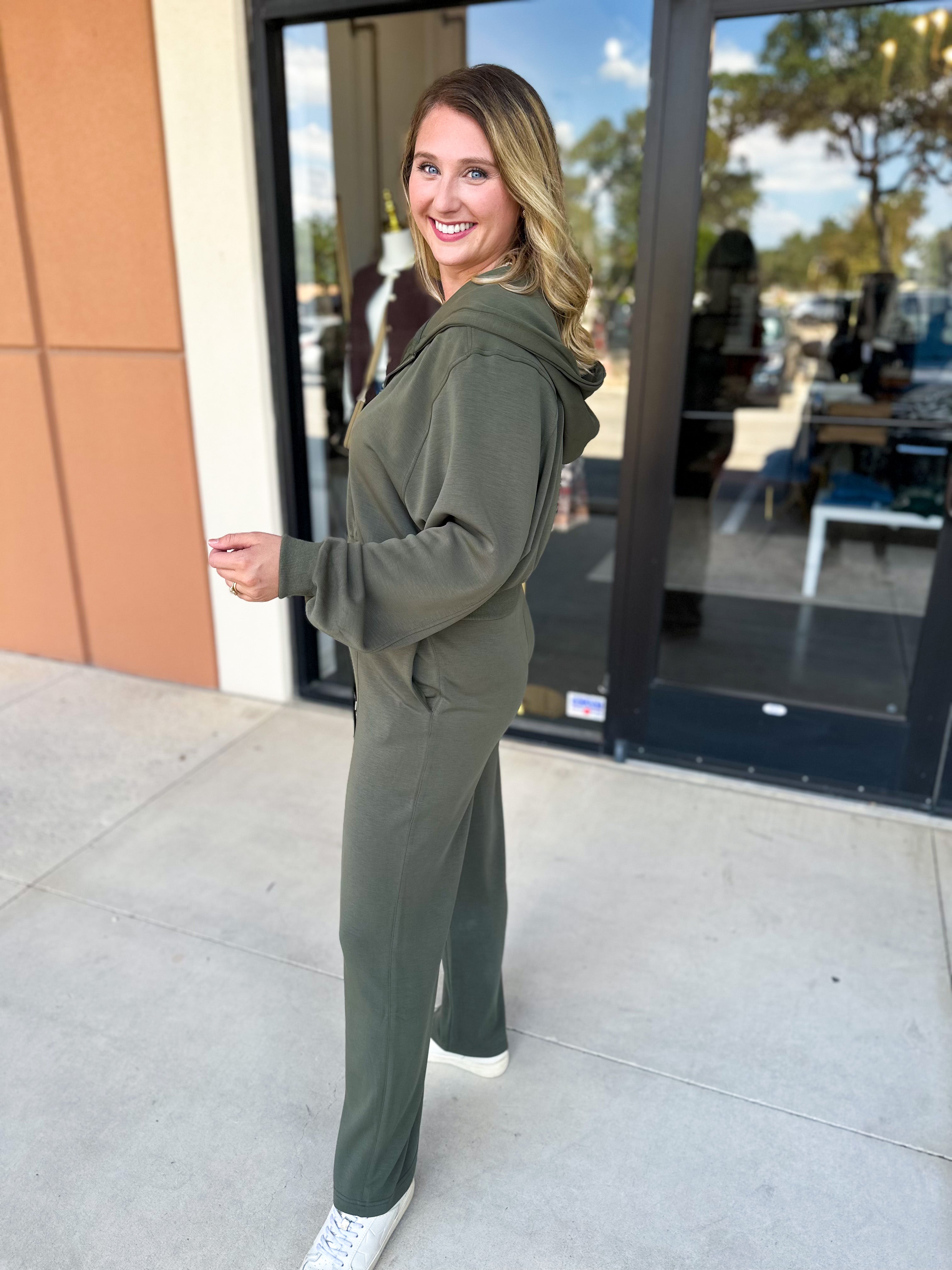 Soft Modal Hooded Jacket - Dark Olive-300 Athleisure/Lounge-SKIES ARE BLUE-July & June Women's Fashion Boutique Located in San Antonio, Texas