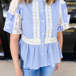 Blue Skies Crochet Blouse-200 Fashion Blouses-ENTRO-July & June Women's Fashion Boutique Located in San Antonio, Texas