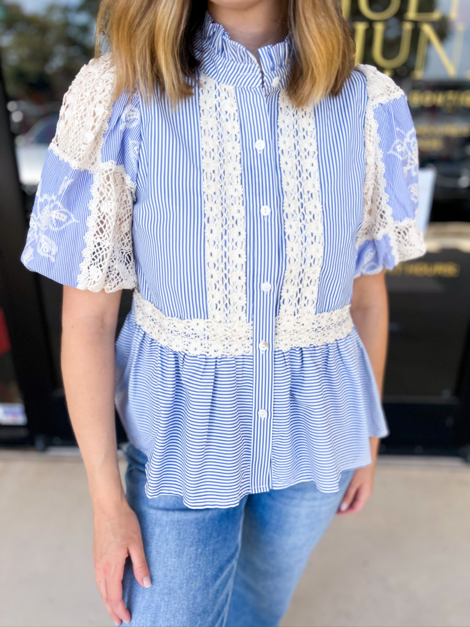 Blue Skies Crochet Blouse-200 Fashion Blouses-ENTRO-July & June Women's Fashion Boutique Located in San Antonio, Texas