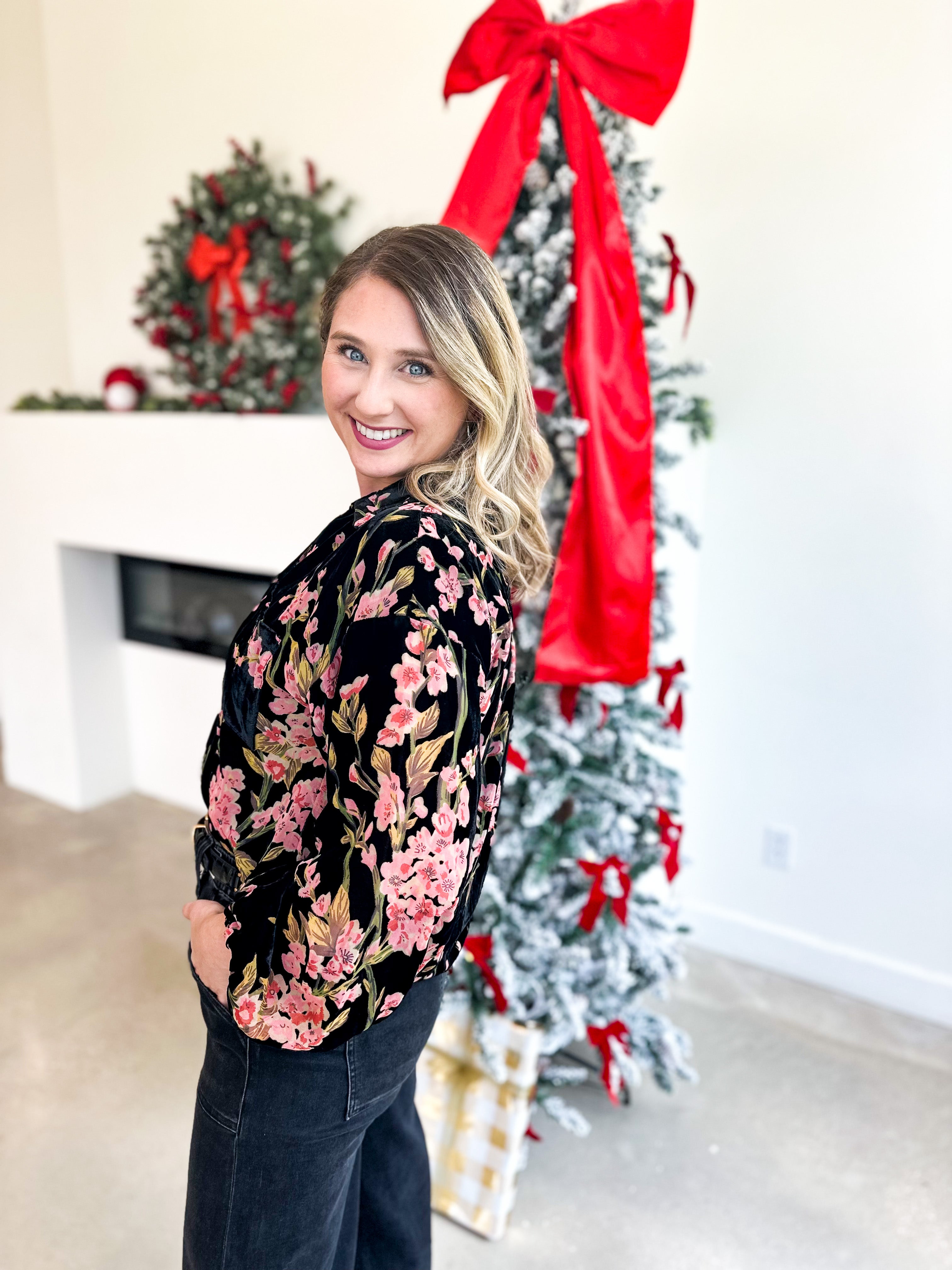 Velvet Floral Blouse - Black-200 Fashion Blouses-JODIFL-July & June Women's Fashion Boutique Located in San Antonio, Texas