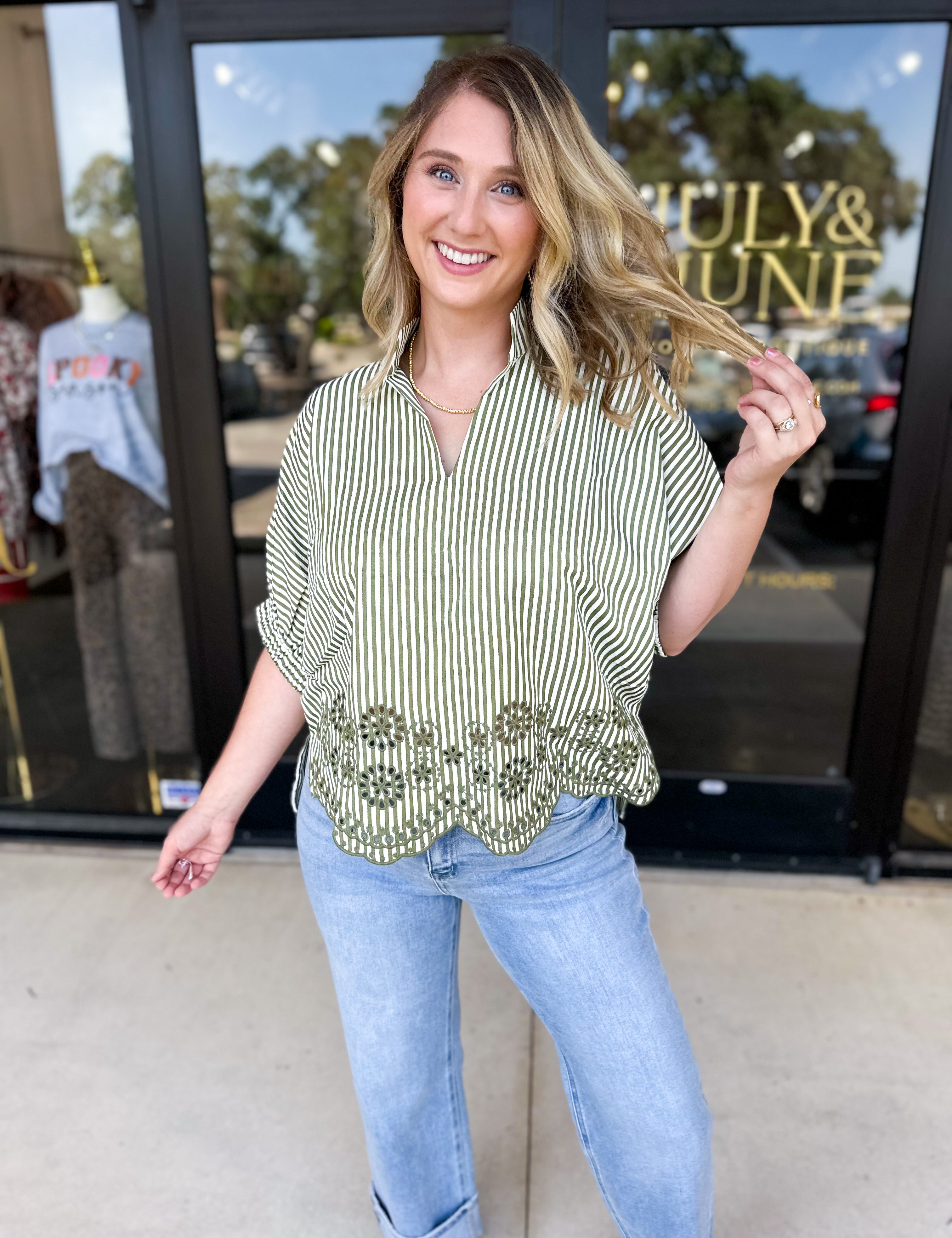 Floral Crochet Oversized Blouse - Olive-200 Fashion Blouses-ENTRO-July & June Women's Fashion Boutique Located in San Antonio, Texas