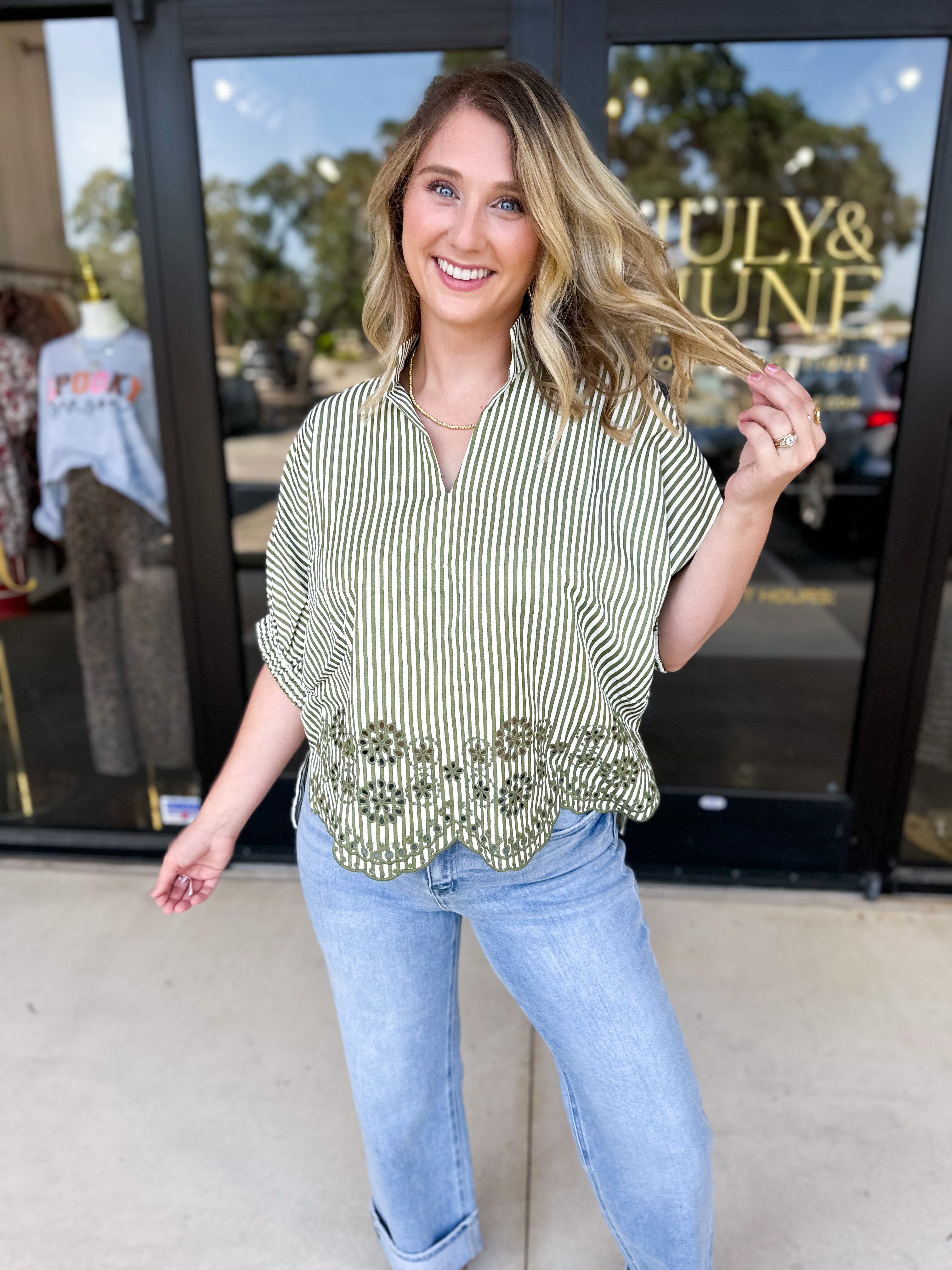 Floral Crochet Oversized Blouse - Olive-200 Fashion Blouses-ENTRO-July & June Women's Fashion Boutique Located in San Antonio, Texas