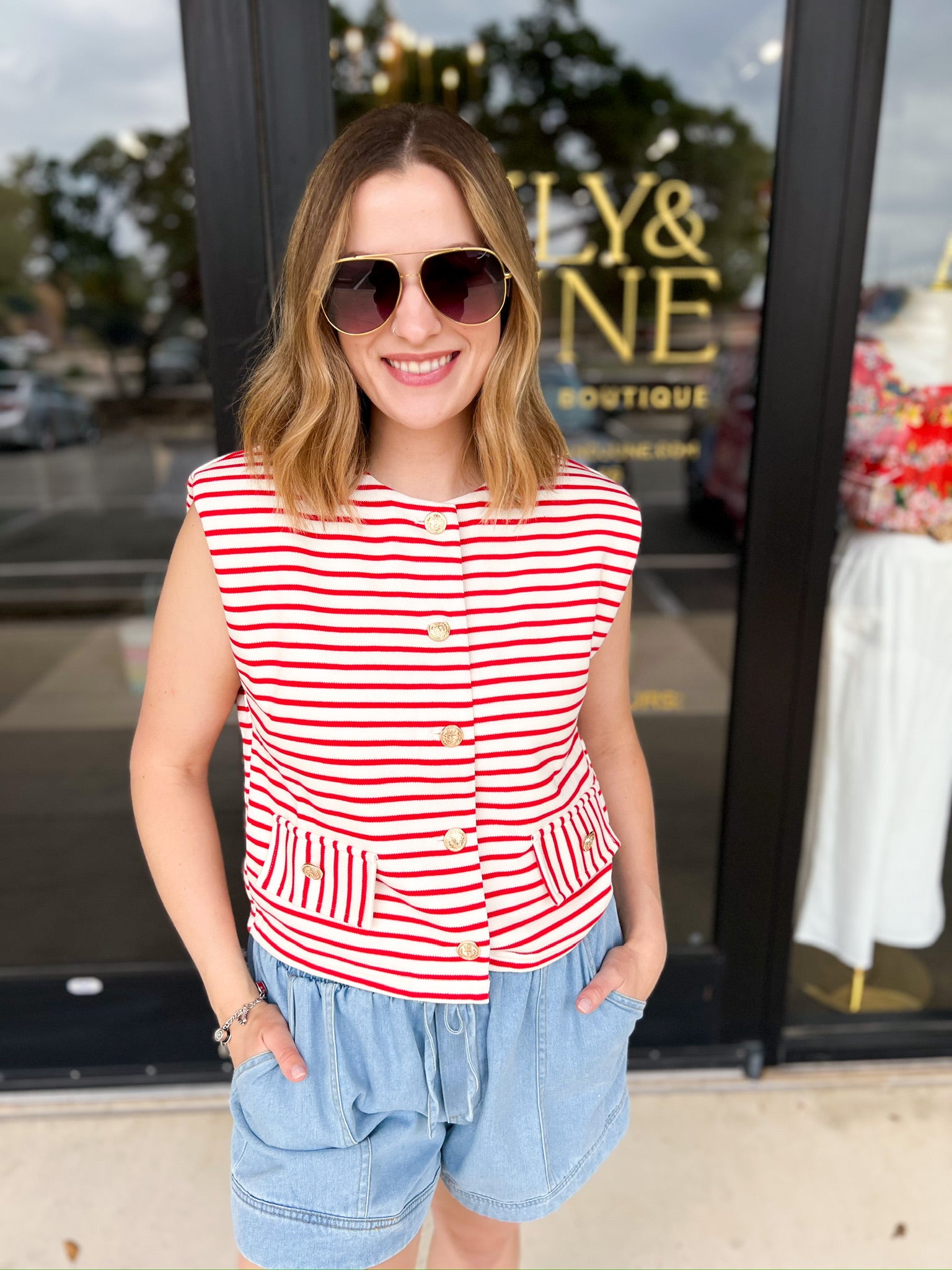 Trendy Red Stripe Vest-200 Fashion Blouses-ENTRO-July & June Women's Fashion Boutique Located in San Antonio, Texas