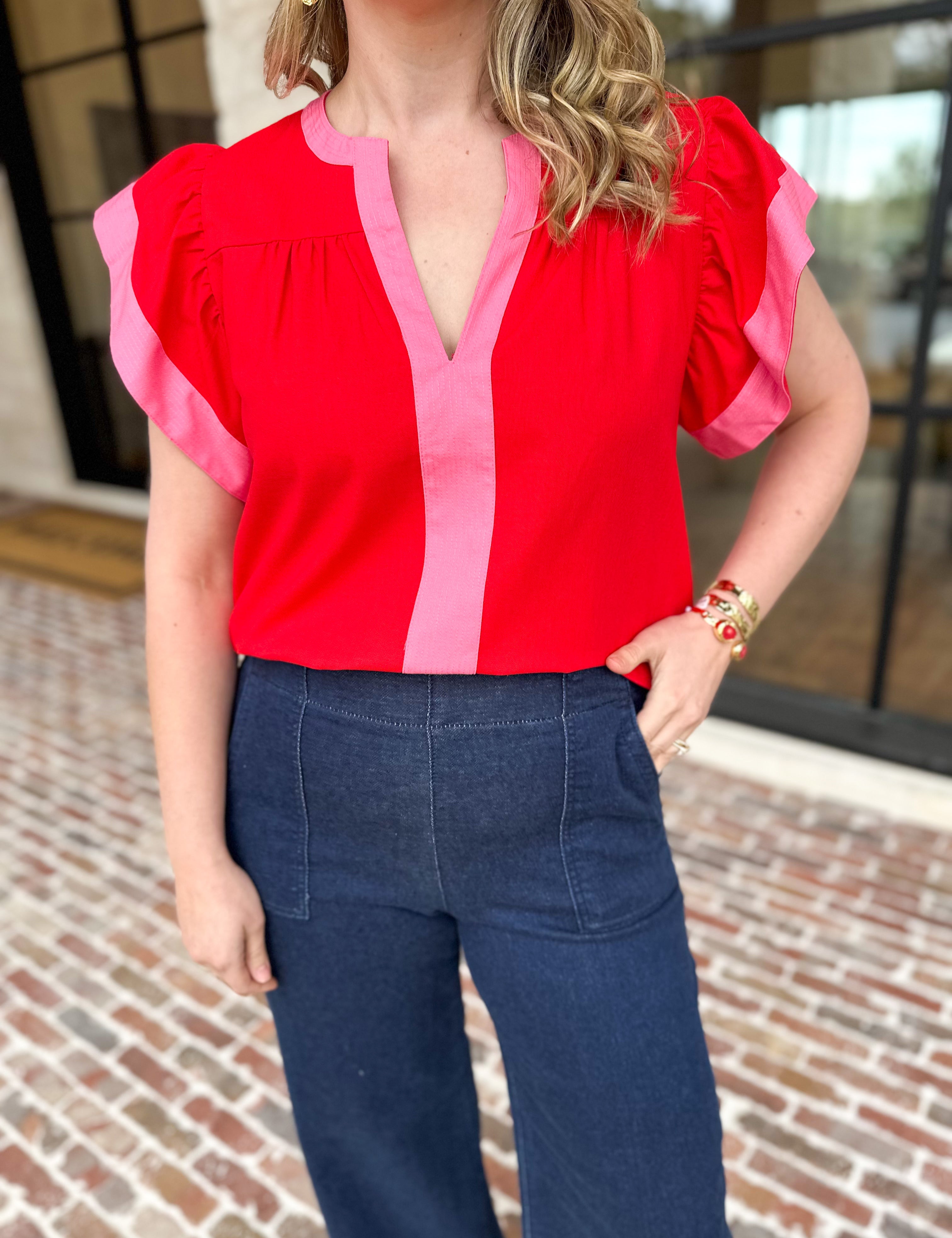THML - Bold Flutter Sleeve Blouse-200 Fashion Blouses-THML-July & June Women's Fashion Boutique Located in San Antonio, Texas