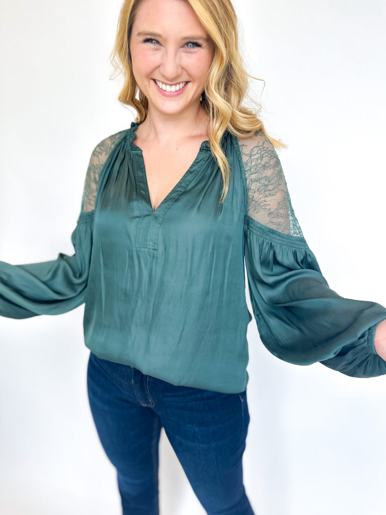 Lace Shoulder Blouse- Forest Green-200 Fashion Blouses-CURRENT AIR CLOTHING-July & June Women's Fashion Boutique Located in San Antonio, Texas