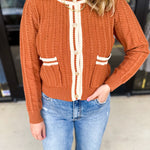 Classic Varsity Rust Cardigan-230 Sweaters/Cardis-ENTRO-July & June Women's Fashion Boutique Located in San Antonio, Texas
