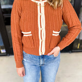 Classic Varsity Rust Cardigan-230 Sweaters/Cardis-ENTRO-July & June Women's Fashion Boutique Located in San Antonio, Texas
