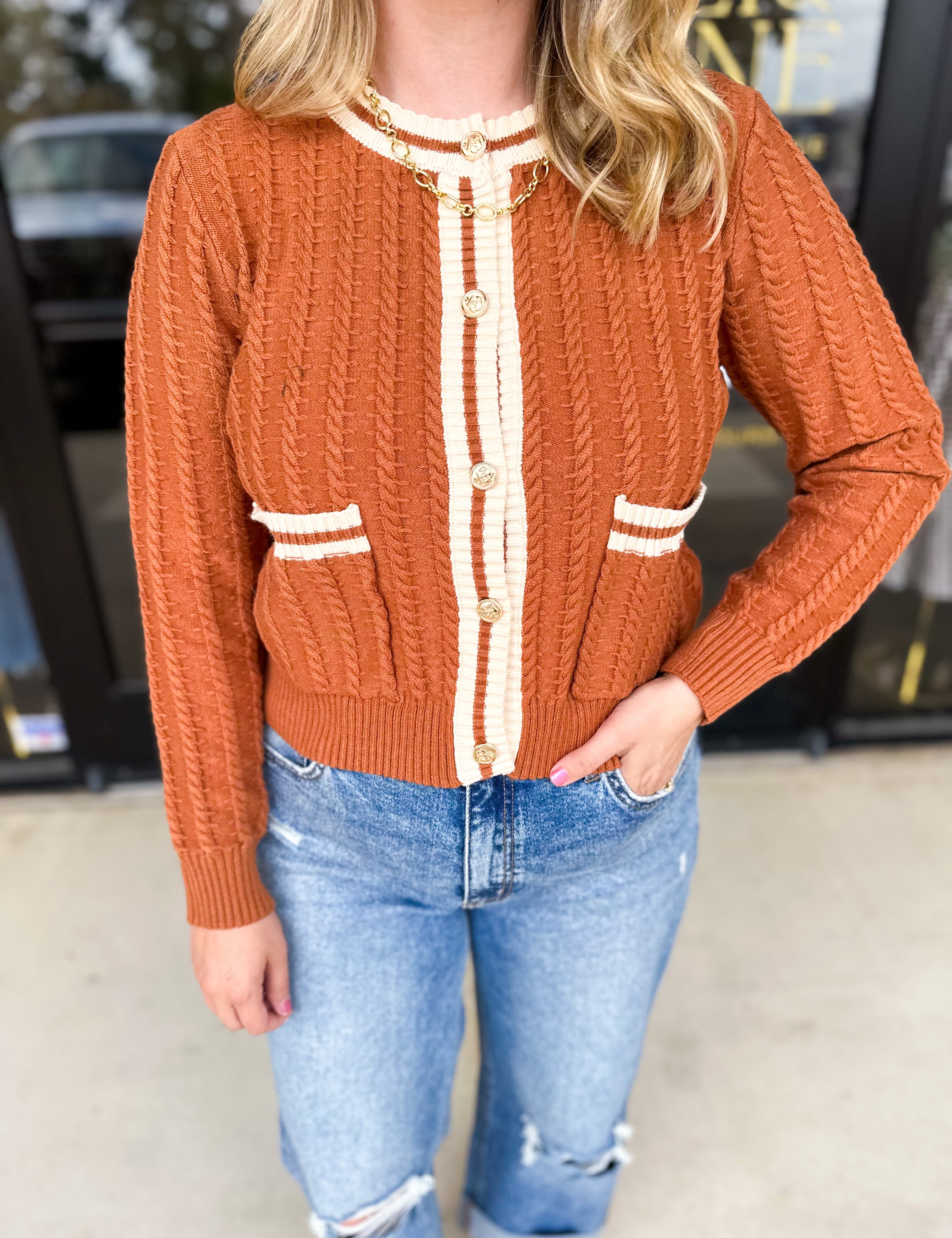 Classic Varsity Rust Cardigan-230 Sweaters/Cardis-ENTRO-July & June Women's Fashion Boutique Located in San Antonio, Texas