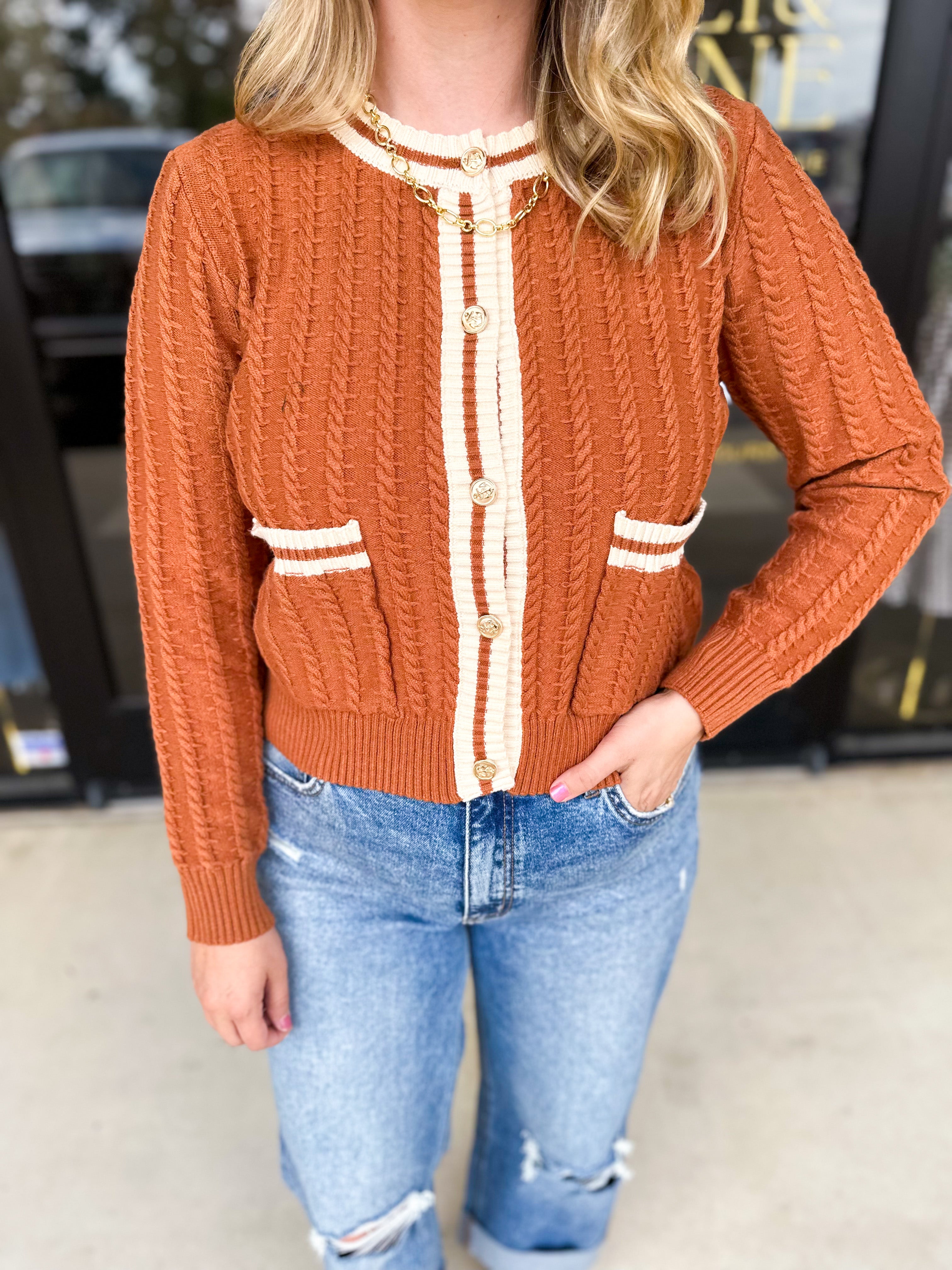 Classic Varsity Rust Cardigan-230 Sweaters/Cardis-ENTRO-July & June Women's Fashion Boutique Located in San Antonio, Texas