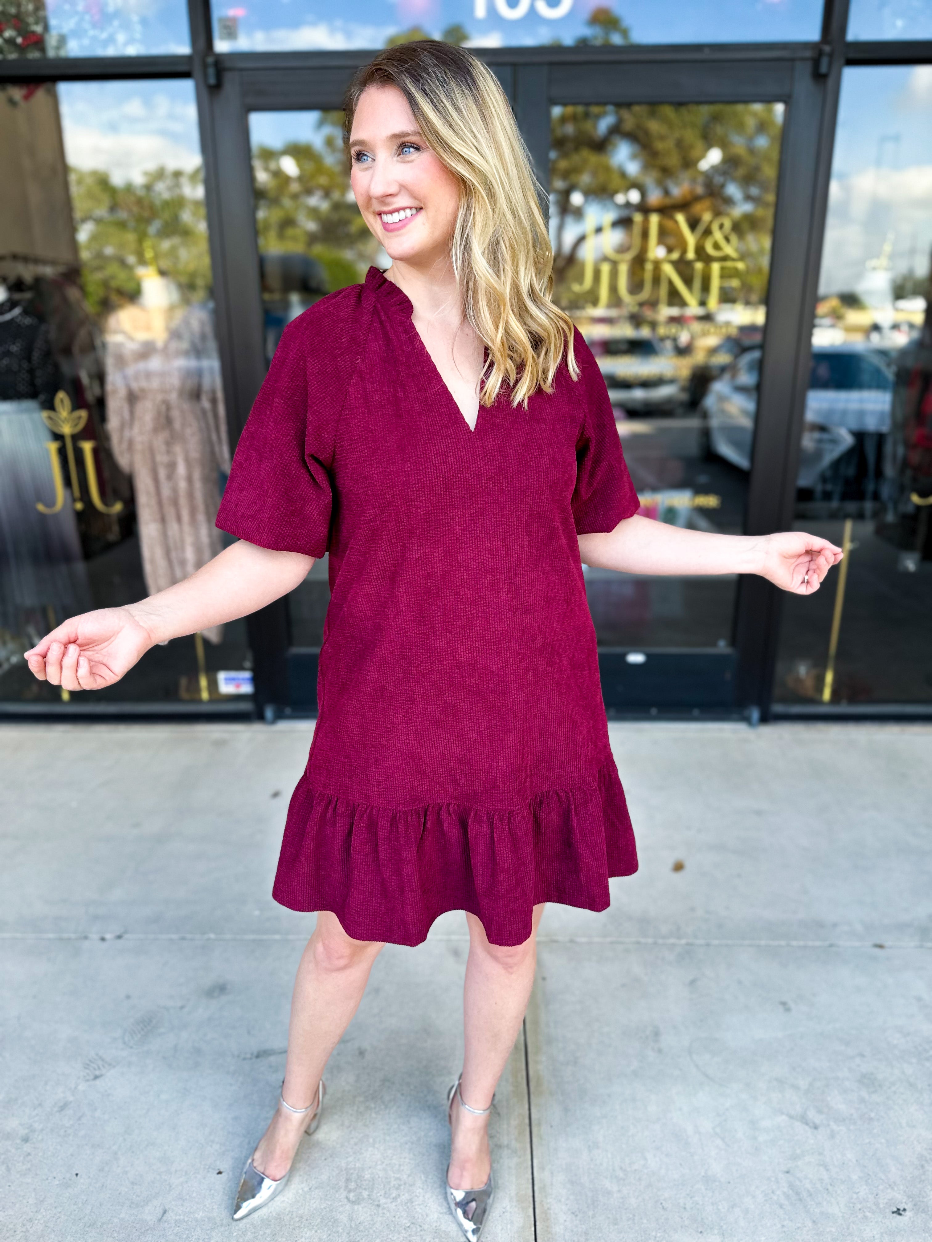 THML- Maroon Corduroy Mini Dress-510 Mini-THML-July & June Women's Fashion Boutique Located in San Antonio, Texas
