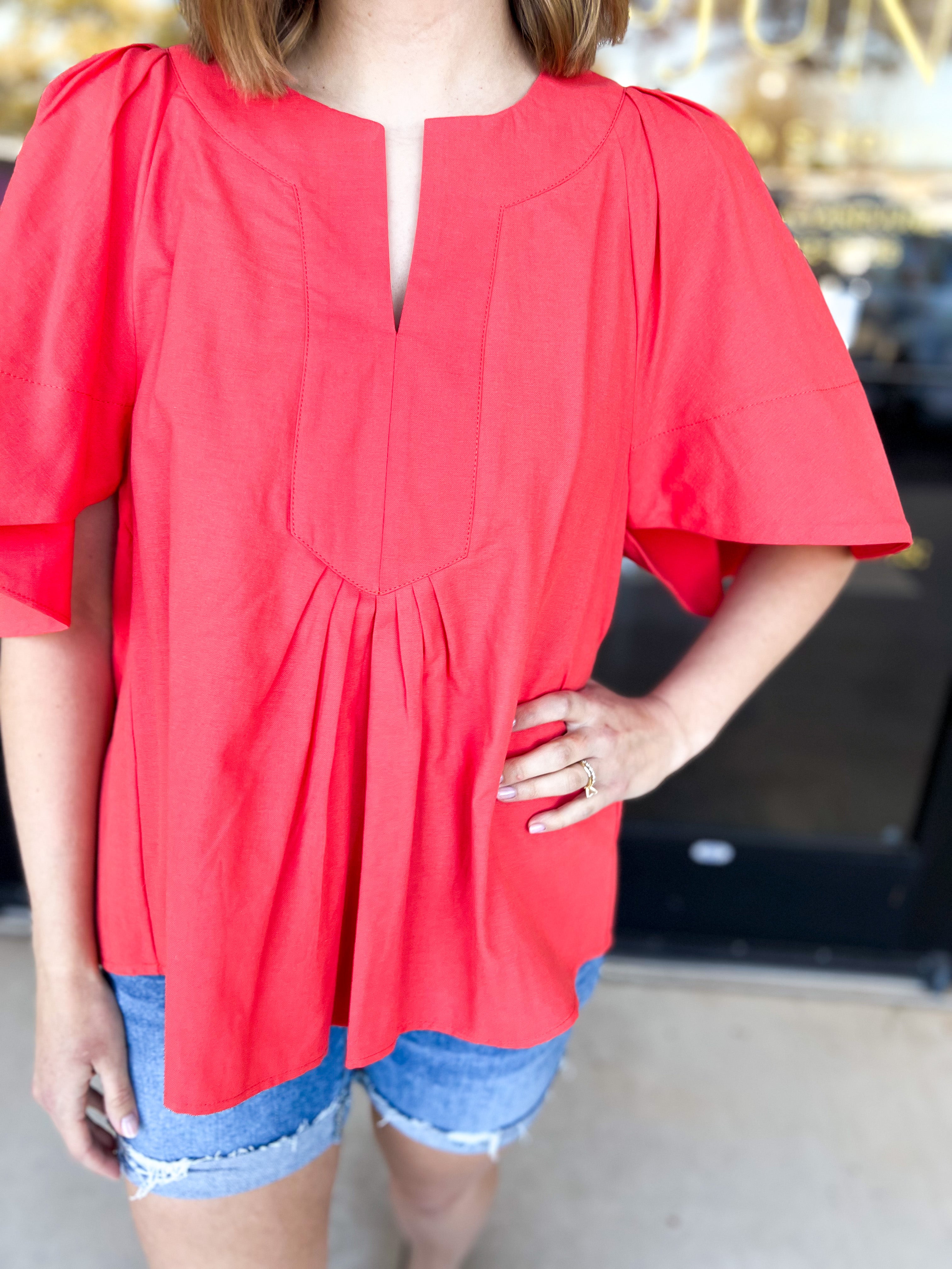 Orange Red Flutter Blouse-200 Fashion Blouses-FATE-July & June Women's Fashion Boutique Located in San Antonio, Texas