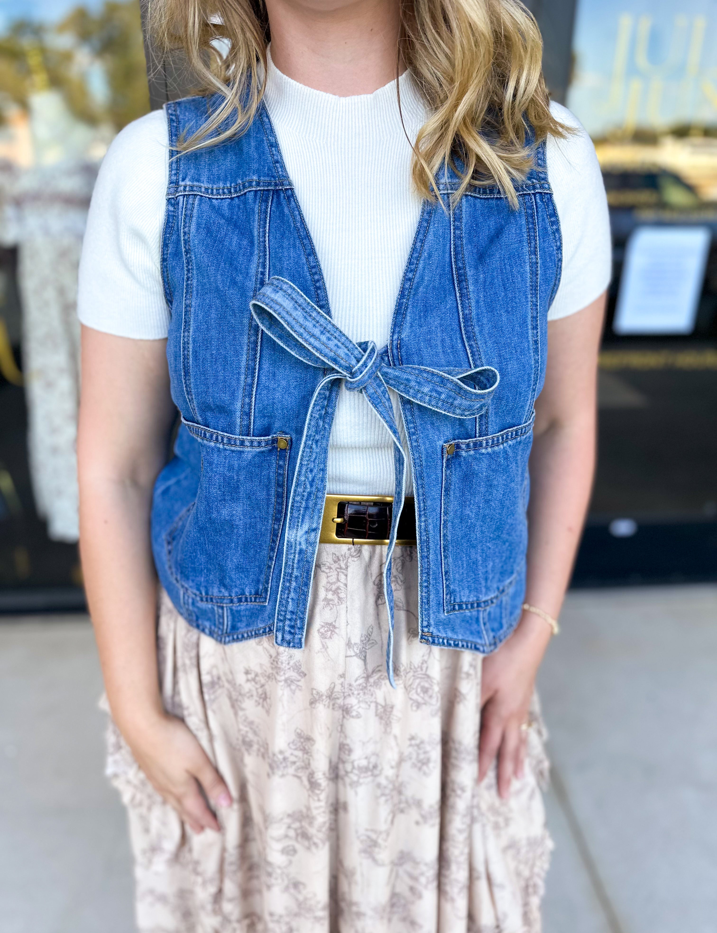 Front Tie Denim Vest-600 Outerwear-LISTICLE-July & June Women's Fashion Boutique Located in San Antonio, Texas