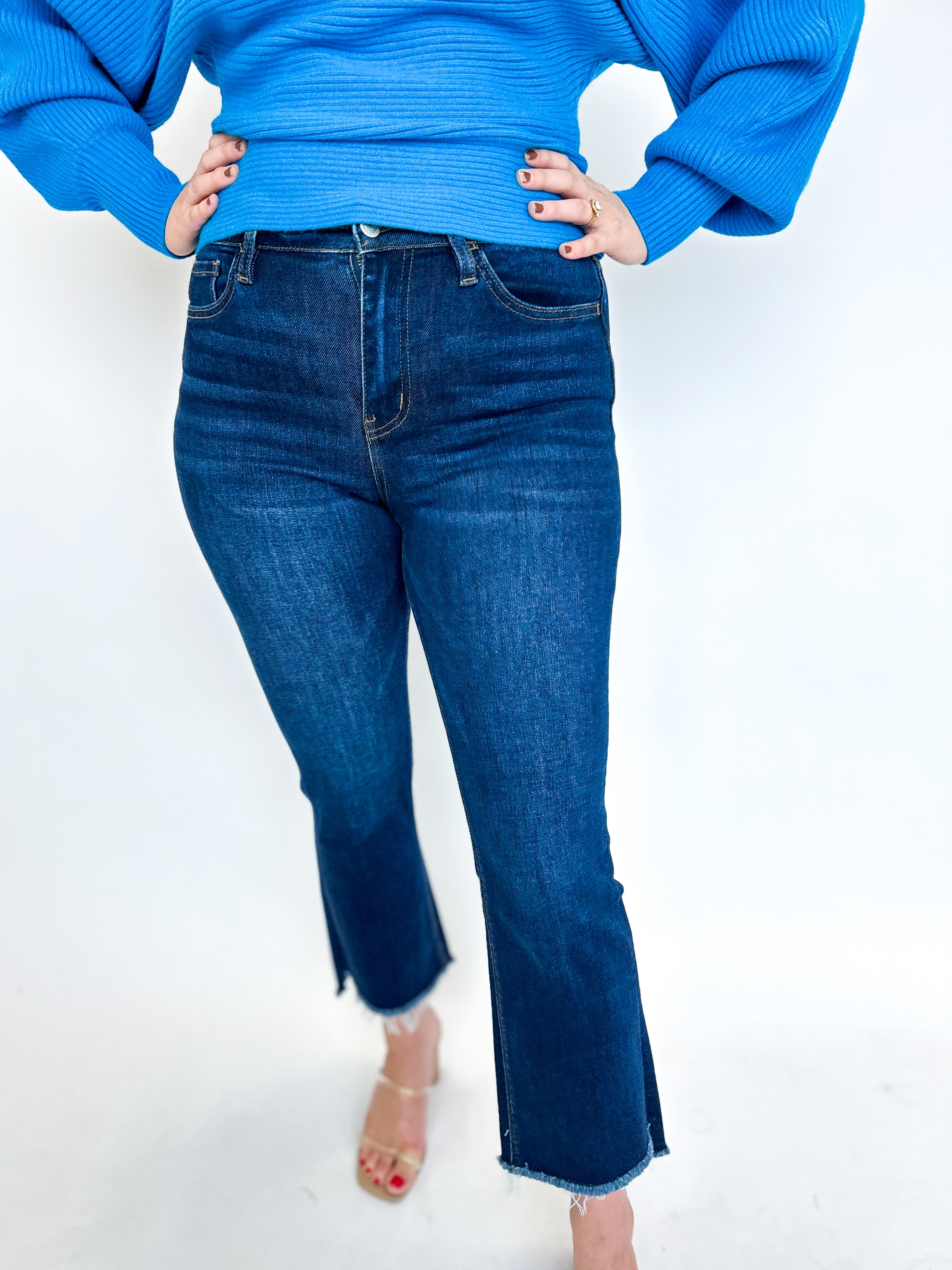 Vervet Dark Wash High Rise Step Hem Crop Flare Jeans-400 Pants-VEVERT BY FLYING MONKEY-July & June Women's Fashion Boutique Located in San Antonio, Texas