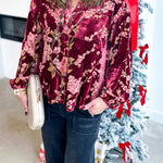 Velvet Floral Blouse - Burgundy-200 Fashion Blouses-JODIFL-July & June Women's Fashion Boutique Located in San Antonio, Texas