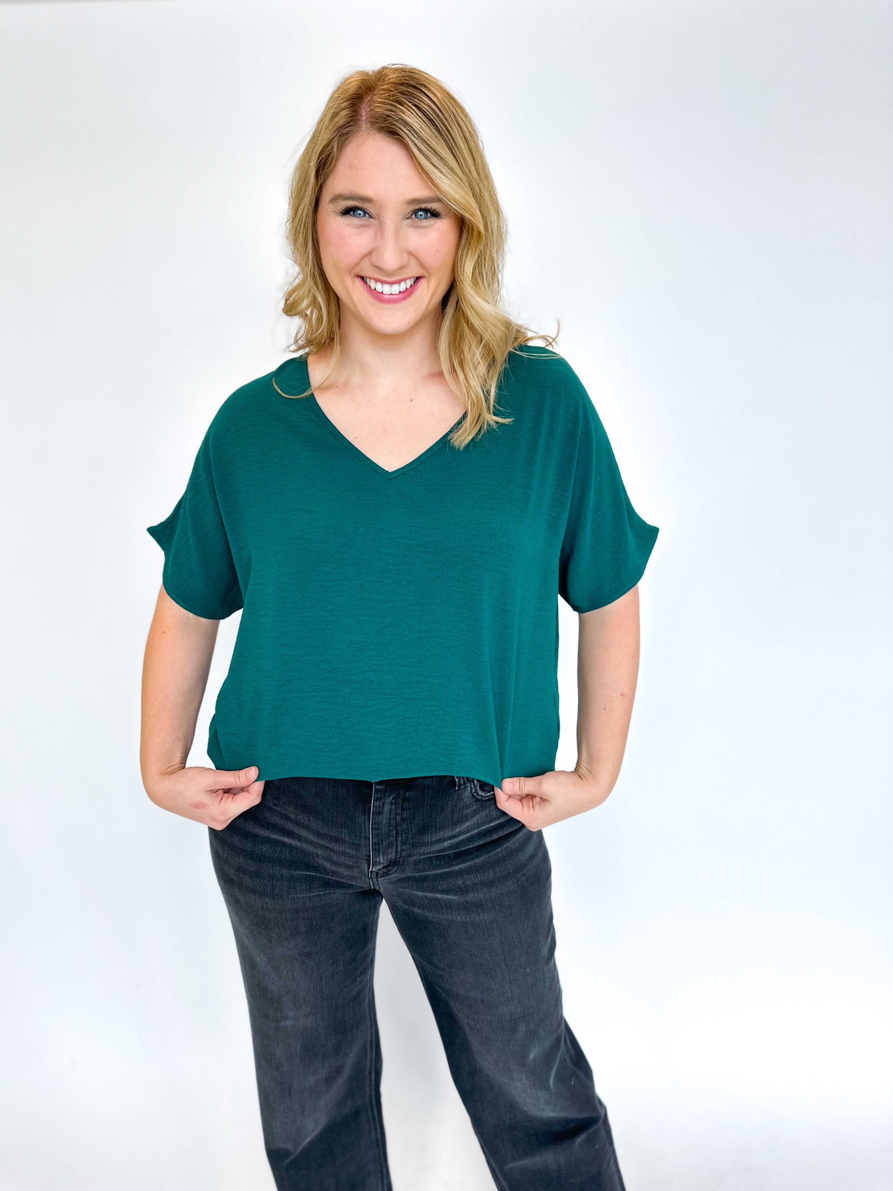 Pink Friday Doorbuster - Basic V-Neck Blouse - Hunter Green-PINK FRIDAY DOORBUSTERS-ENTRO-July & June Women's Fashion Boutique Located in San Antonio, Texas