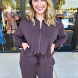 Soft Modal Bomber Jacket - Chocolate-300 Athleisure/Lounge-SKIES ARE BLUE-July & June Women's Fashion Boutique Located in San Antonio, Texas