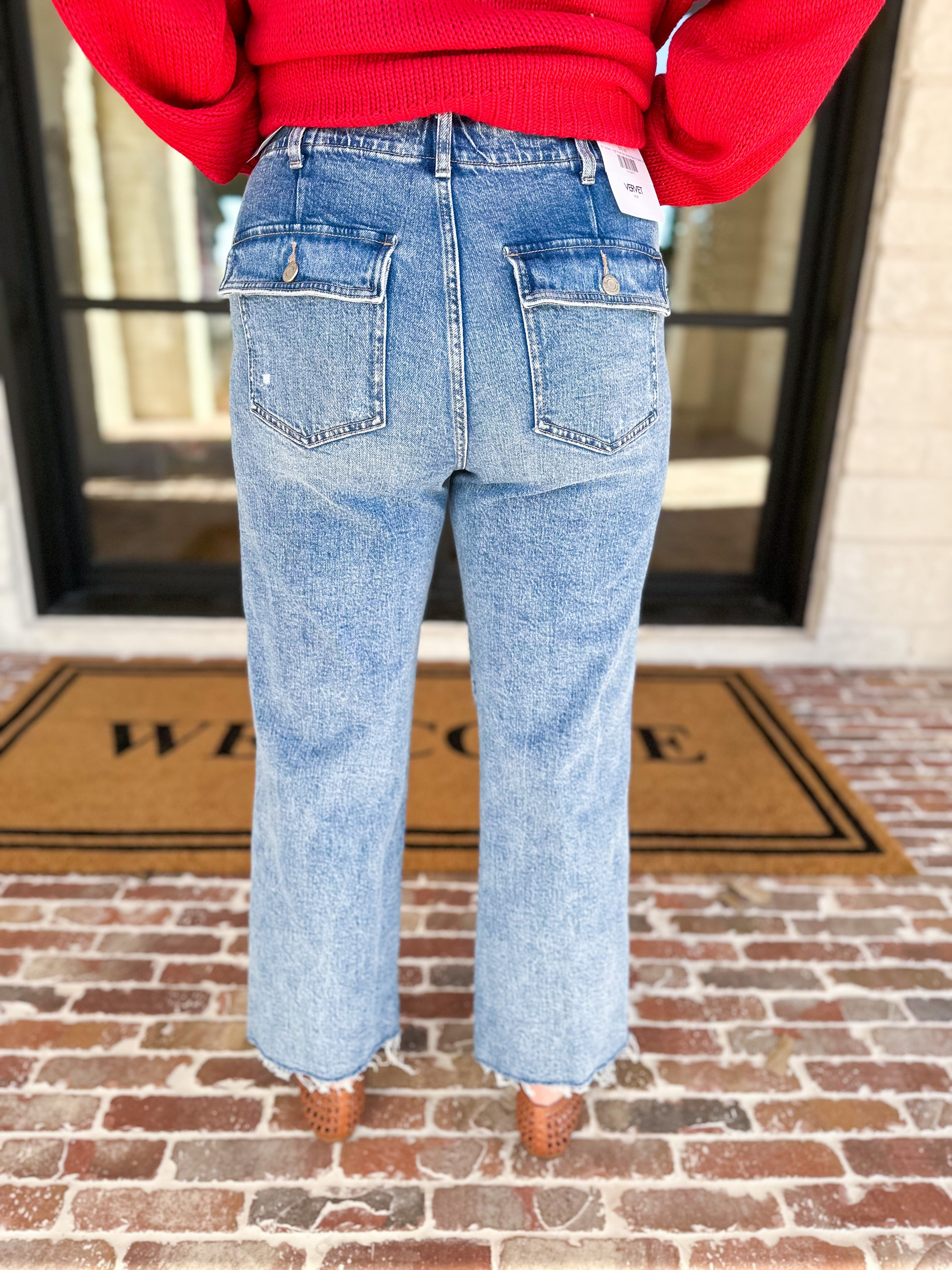 Vervet - High Rise Slim Wide Patch Pocket Jeans-400 Pants-VEVERT BY FLYING MONKEY-July & June Women's Fashion Boutique Located in San Antonio, Texas
