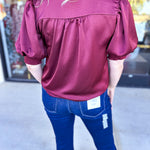 Pink Friday Doorbuster - Puff Sleeve Satin Blouse - Wine - IN STORE-PINK FRIDAY DOORBUSTERS-GLAM-July & June Women's Fashion Boutique Located in San Antonio, Texas