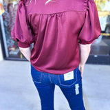 Pink Friday Doorbuster - Puff Sleeve Satin Blouse - Wine - IN STORE-PINK FRIDAY DOORBUSTERS-GLAM-July & June Women's Fashion Boutique Located in San Antonio, Texas