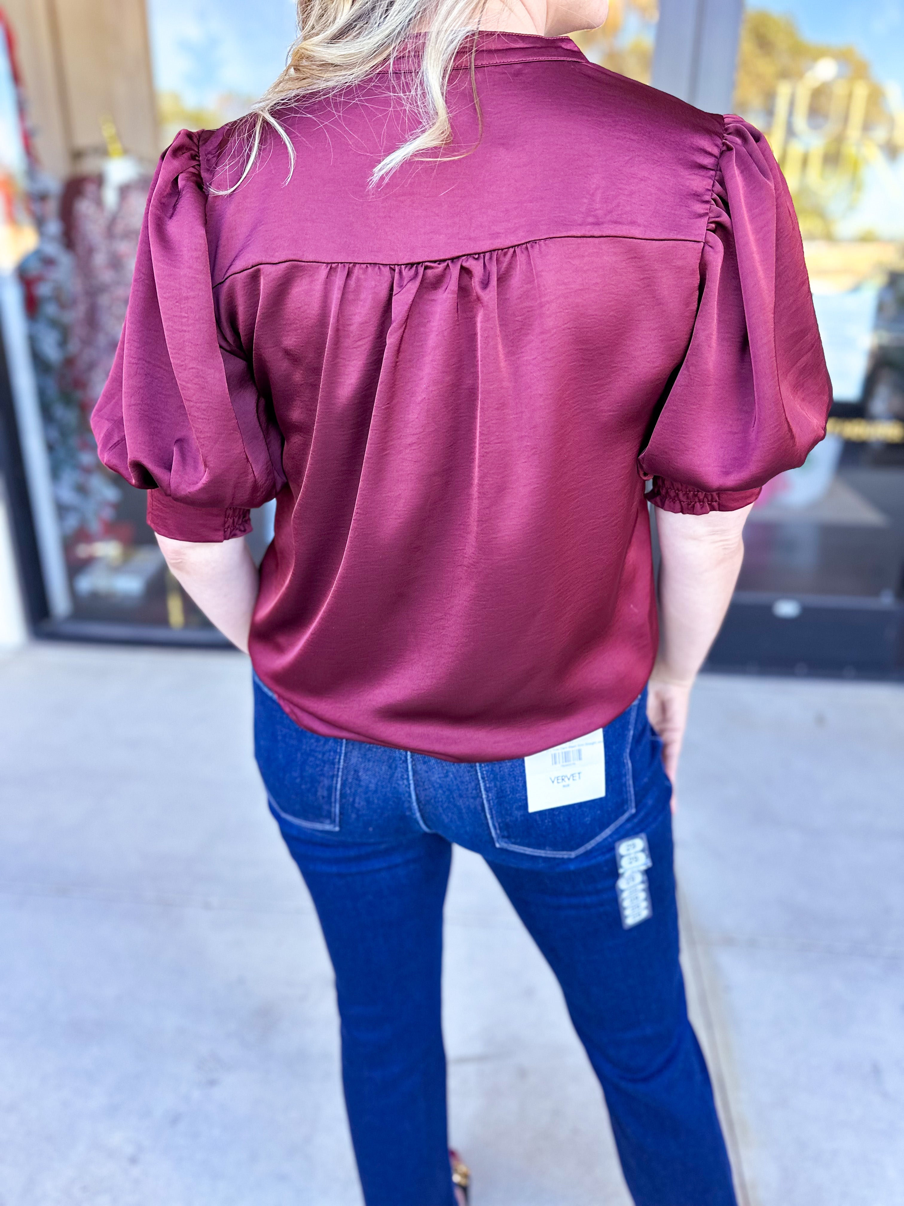 Pink Friday Doorbuster - Puff Sleeve Satin Blouse - Wine - IN STORE-PINK FRIDAY DOORBUSTERS-GLAM-July & June Women's Fashion Boutique Located in San Antonio, Texas