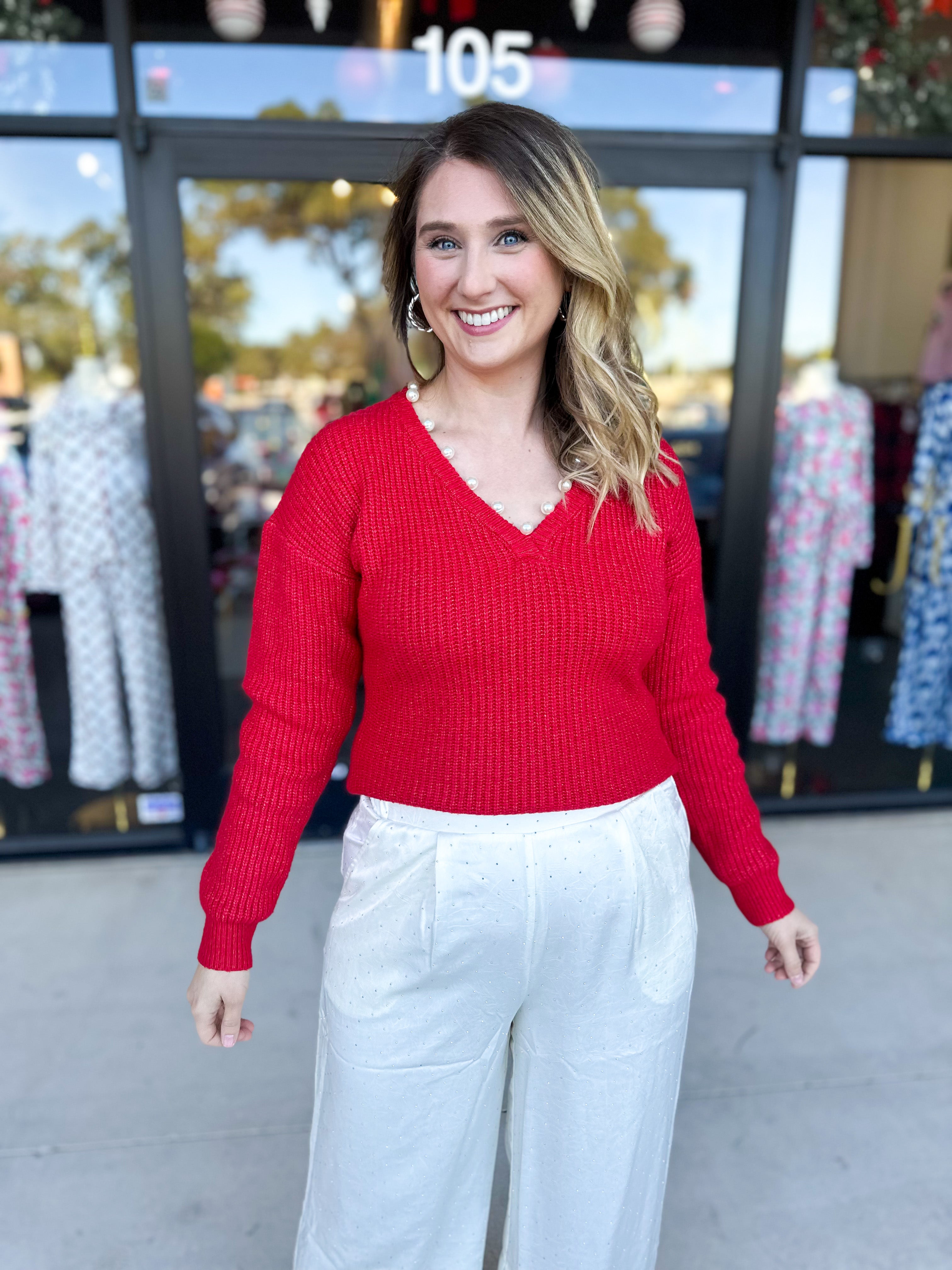 THML - Cherry Pearl Sweater Top-230 Sweaters/Cardis-THML-July & June Women's Fashion Boutique Located in San Antonio, Texas