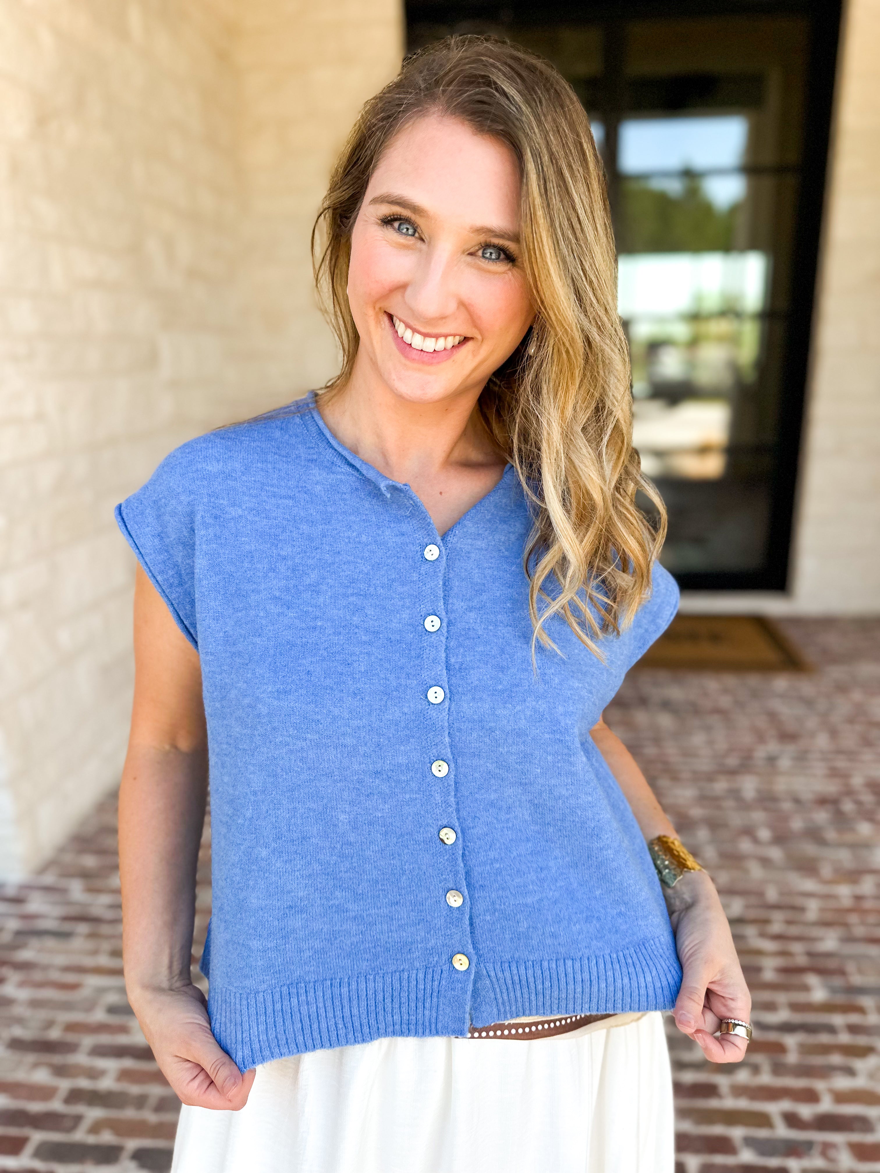 Short Sleeve Everyday Cardigan - Ocean Blue-230 Sweaters/Cardis-DOUBLE ZERO-July & June Women's Fashion Boutique Located in San Antonio, Texas