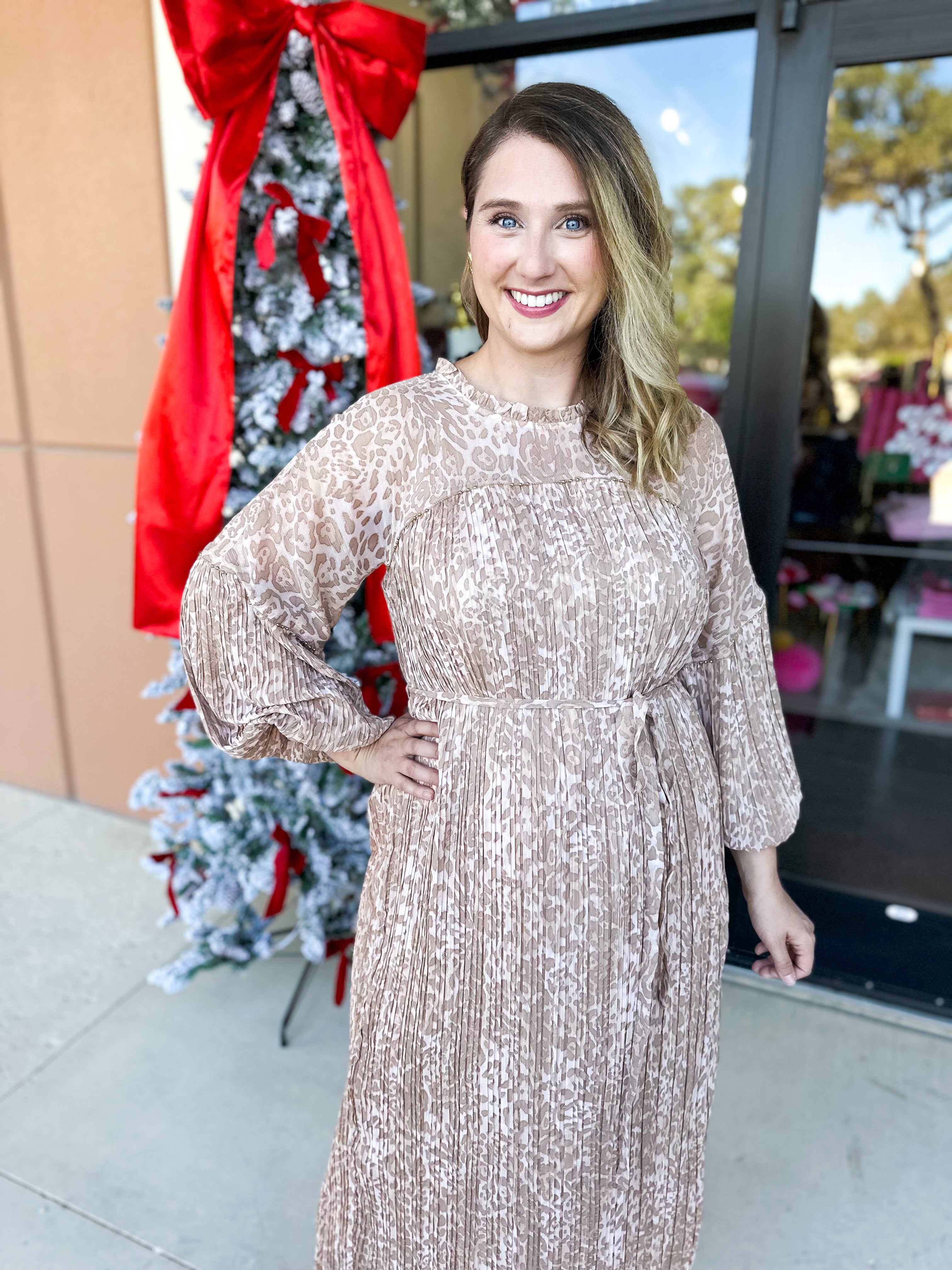 Champagne Cheetah Midi Dress-500 Midi-FATE-July & June Women's Fashion Boutique Located in San Antonio, Texas