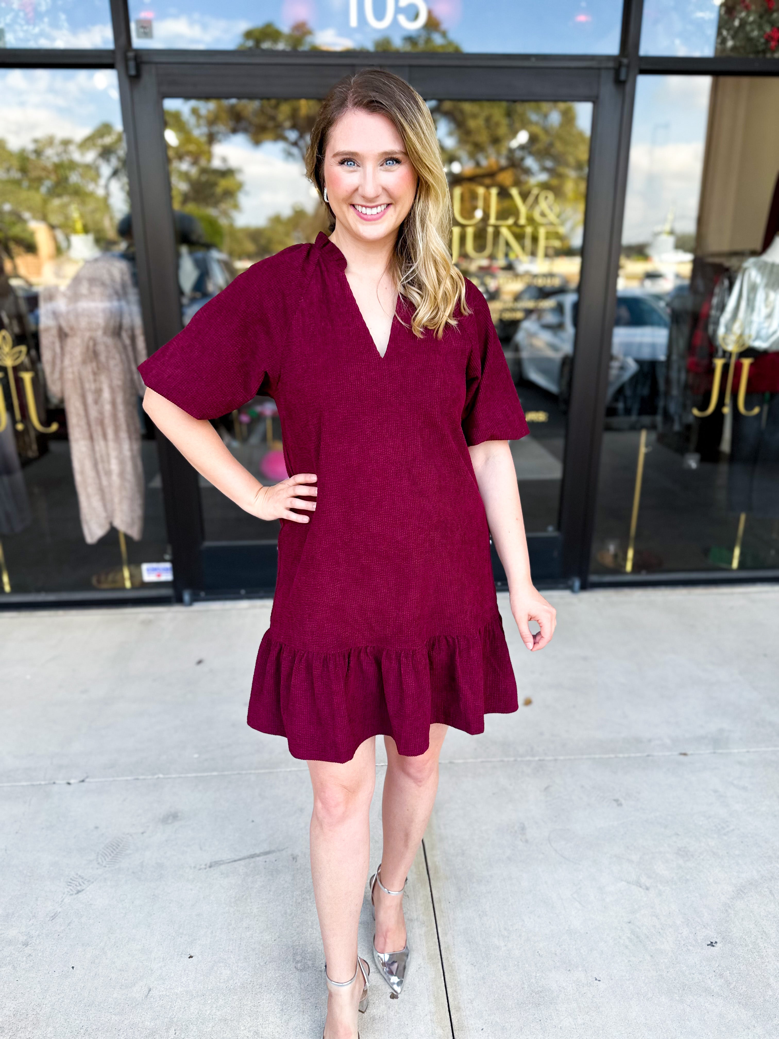 THML- Maroon Corduroy Mini Dress-510 Mini-THML-July & June Women's Fashion Boutique Located in San Antonio, Texas