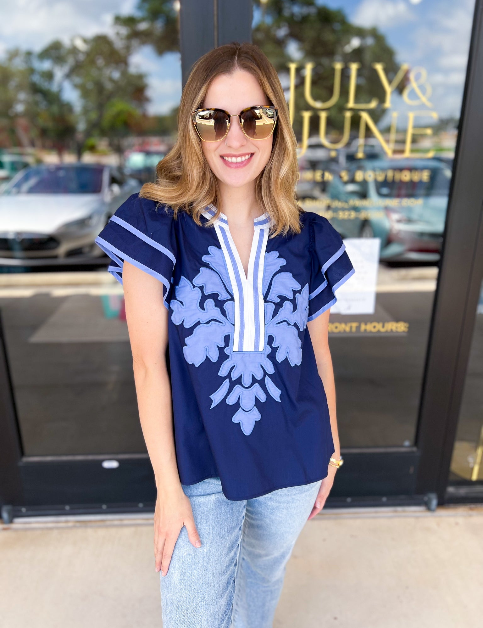 The Elizabeth Blouse - Navy & Blue-200 Fashion Blouses-ENTRO-July & June Women's Fashion Boutique Located in San Antonio, Texas