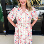 Cream & Pink Floral Midi Dress-500 Midi-POLOGRAM-July & June Women's Fashion Boutique Located in San Antonio, Texas