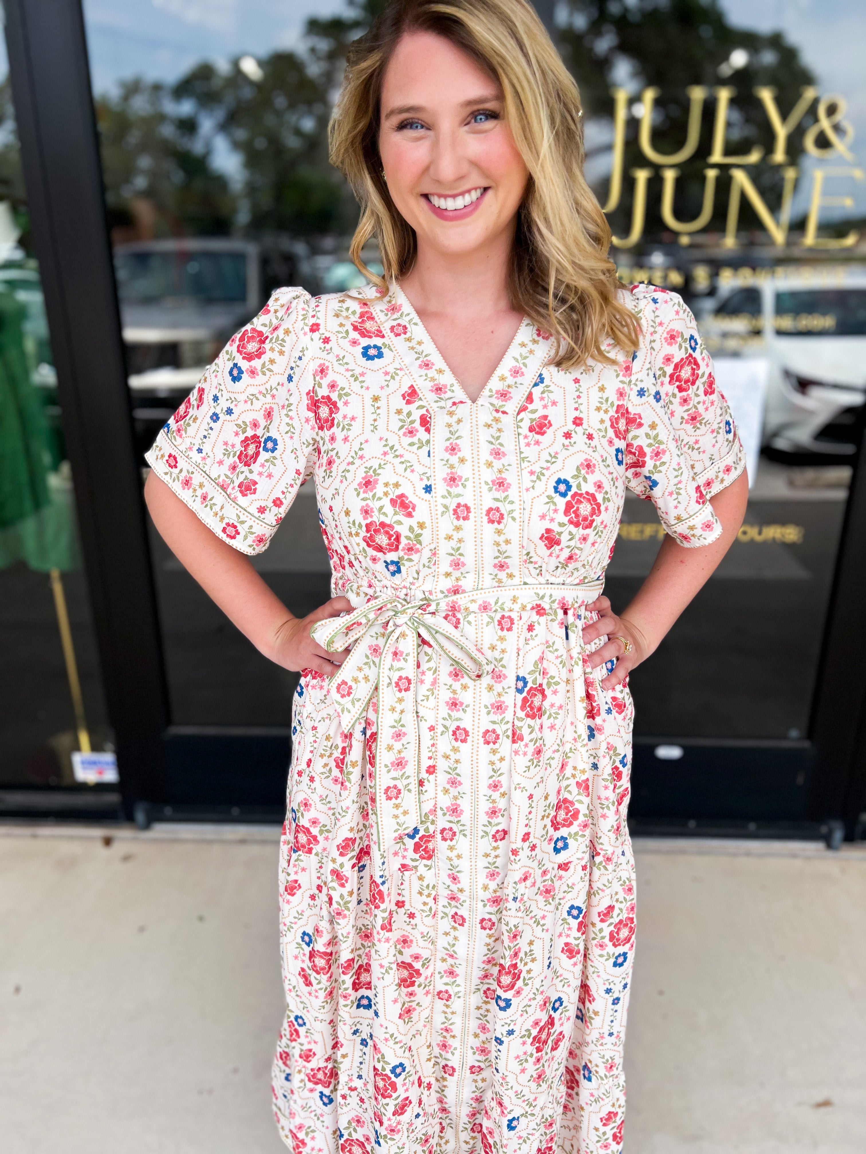 Cream & Pink Floral Midi Dress-500 Midi-POLOGRAM-July & June Women's Fashion Boutique Located in San Antonio, Texas