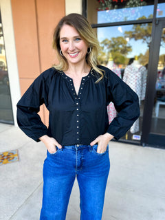 Studded Black Blouse-200 Fashion Blouses-TCEC-July & June Women's Fashion Boutique Located in San Antonio, Texas