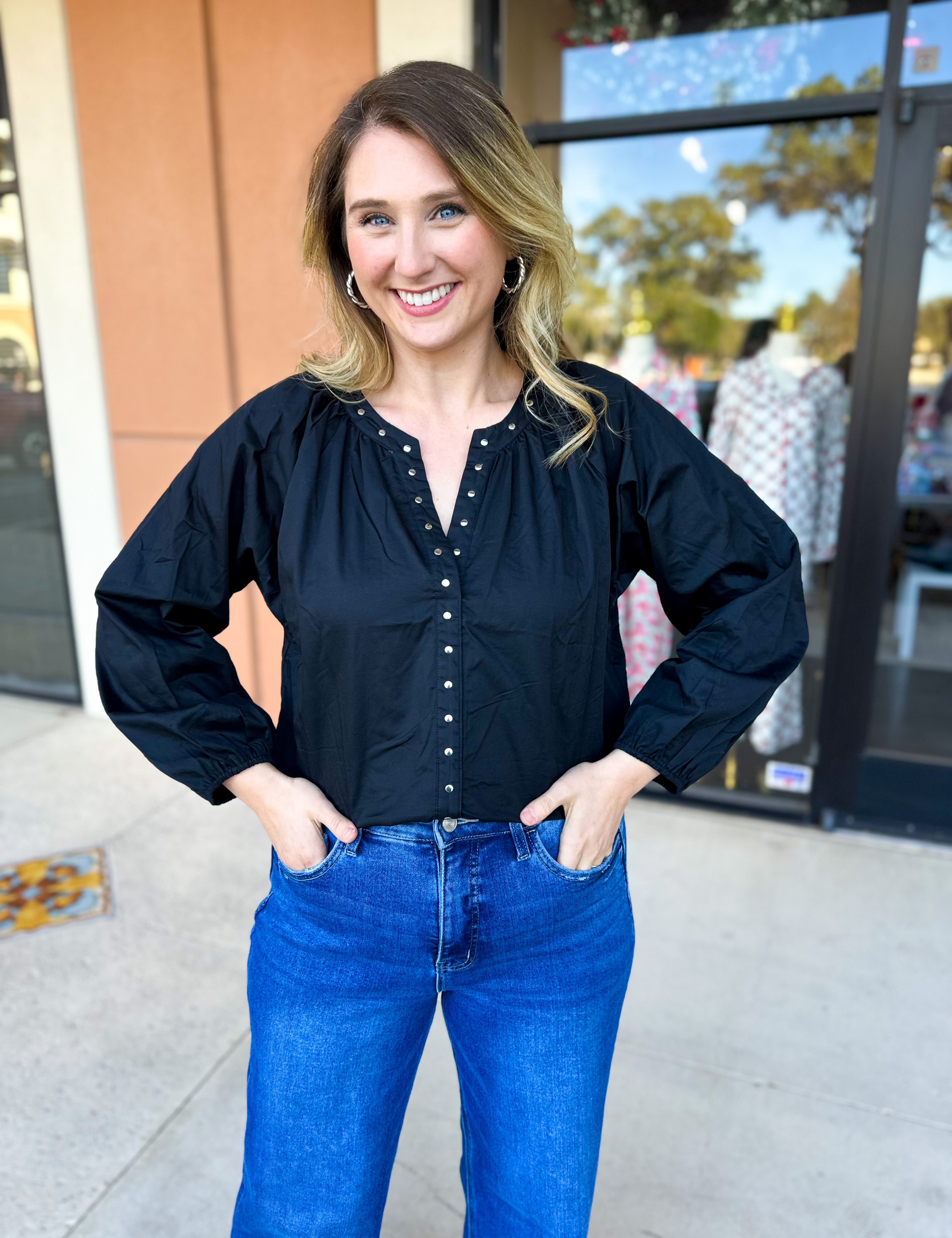 Studded Black Blouse-200 Fashion Blouses-TCEC-July & June Women's Fashion Boutique Located in San Antonio, Texas