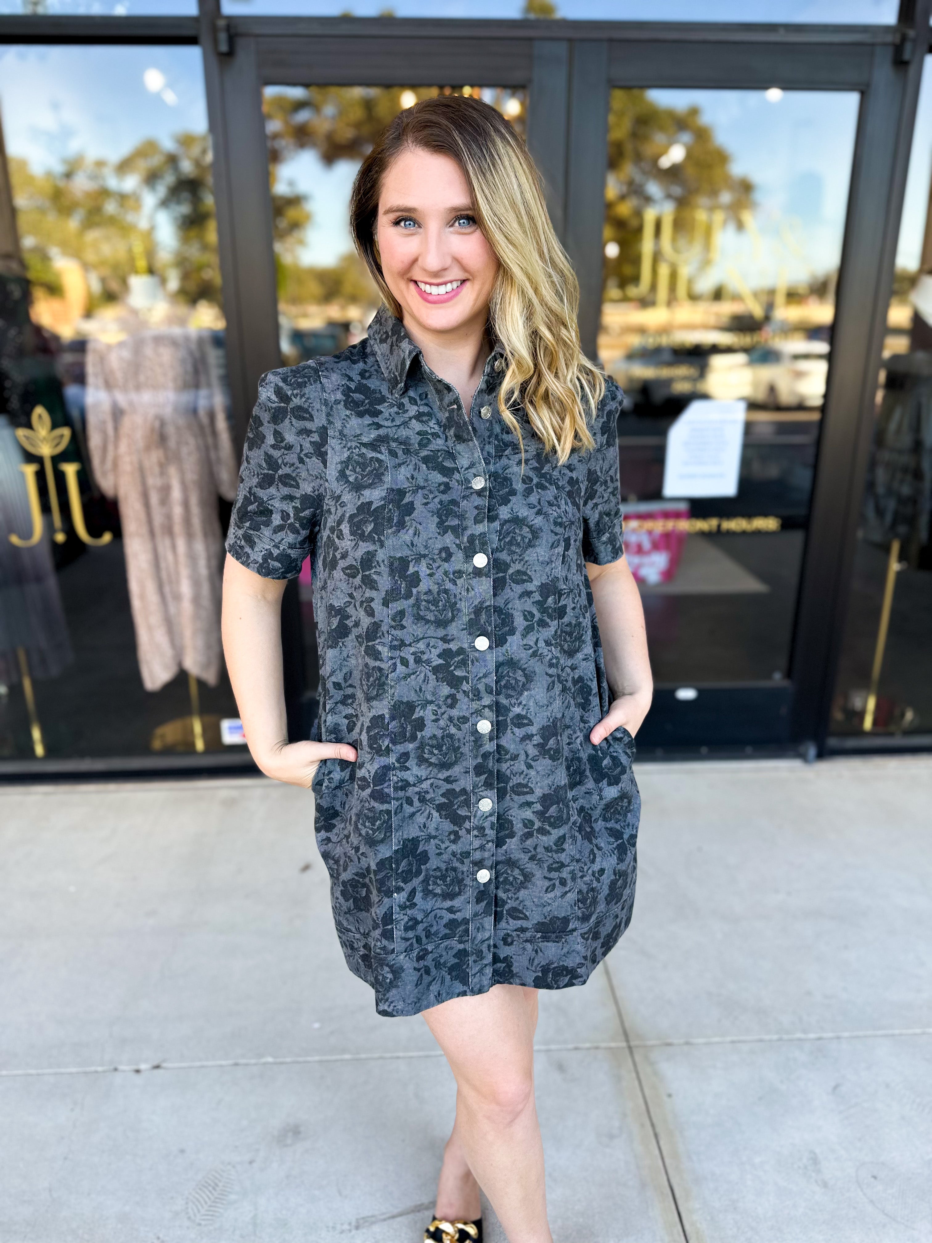 The Rosie Denim Mini Dress - Charcoal-510 Mini-ENTRO-July & June Women's Fashion Boutique Located in San Antonio, Texas