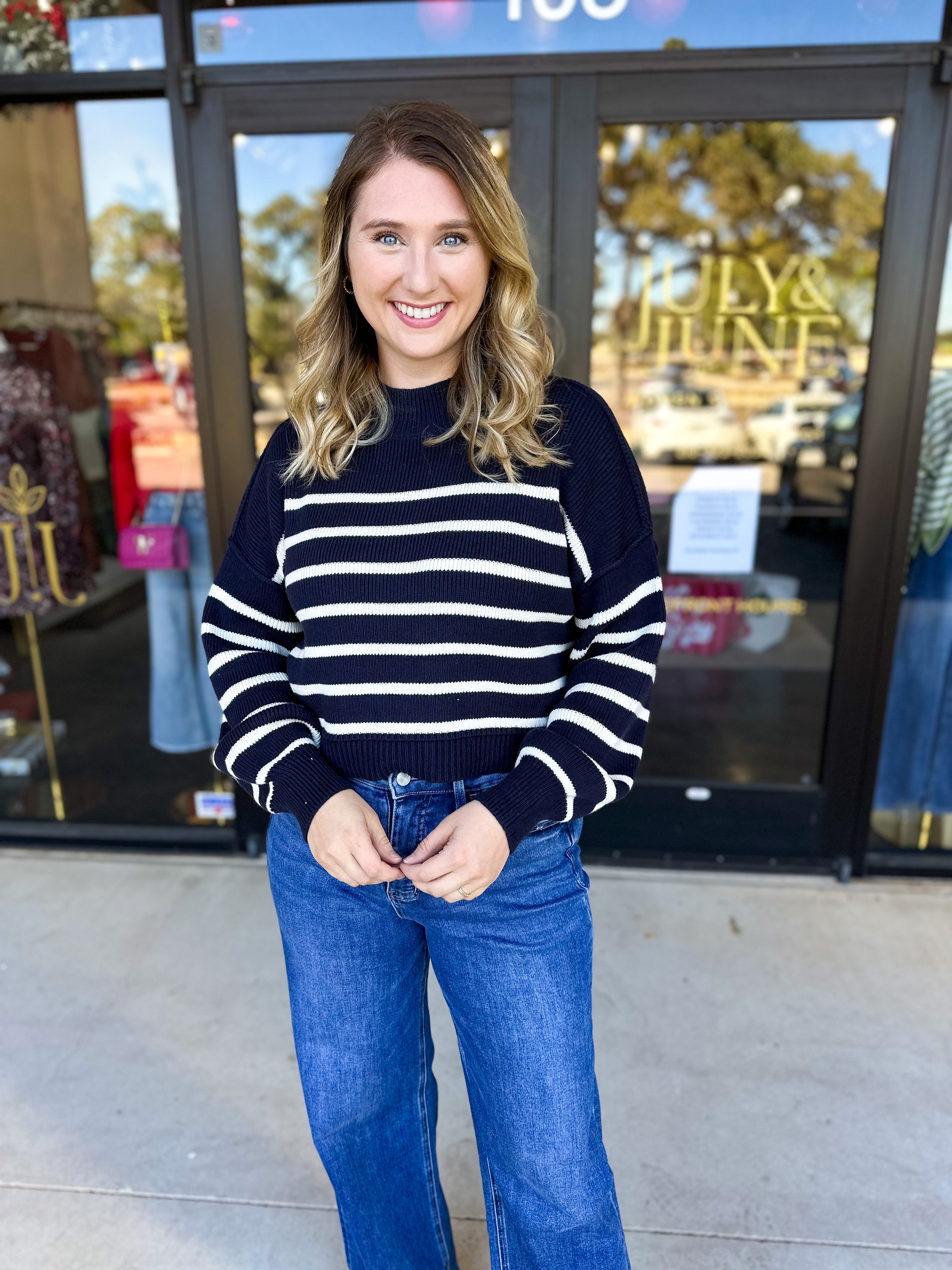 Pink Friday Doorbuster - Mock Neck Sweater Top - Navy - ONLINE-PINK FRIDAY DOORBUSTERS-BLU PEPPER-July & June Women's Fashion Boutique Located in San Antonio, Texas