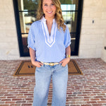 Seersucker Sweet Blouse - Light Blue-200 Fashion Blouses-ENTRO-July & June Women's Fashion Boutique Located in San Antonio, Texas