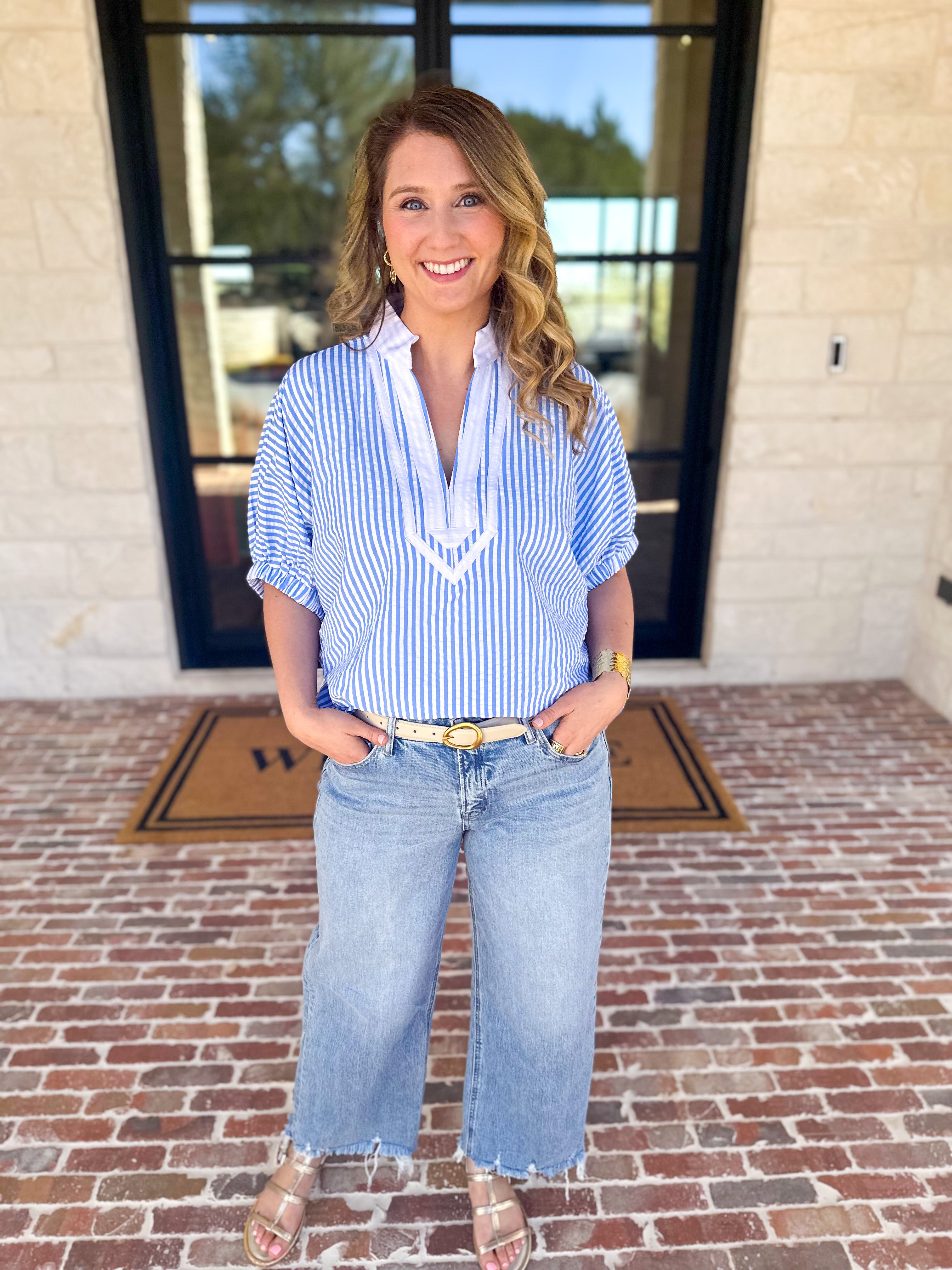 Seersucker Sweet Blouse - Light Blue-200 Fashion Blouses-ENTRO-July & June Women's Fashion Boutique Located in San Antonio, Texas