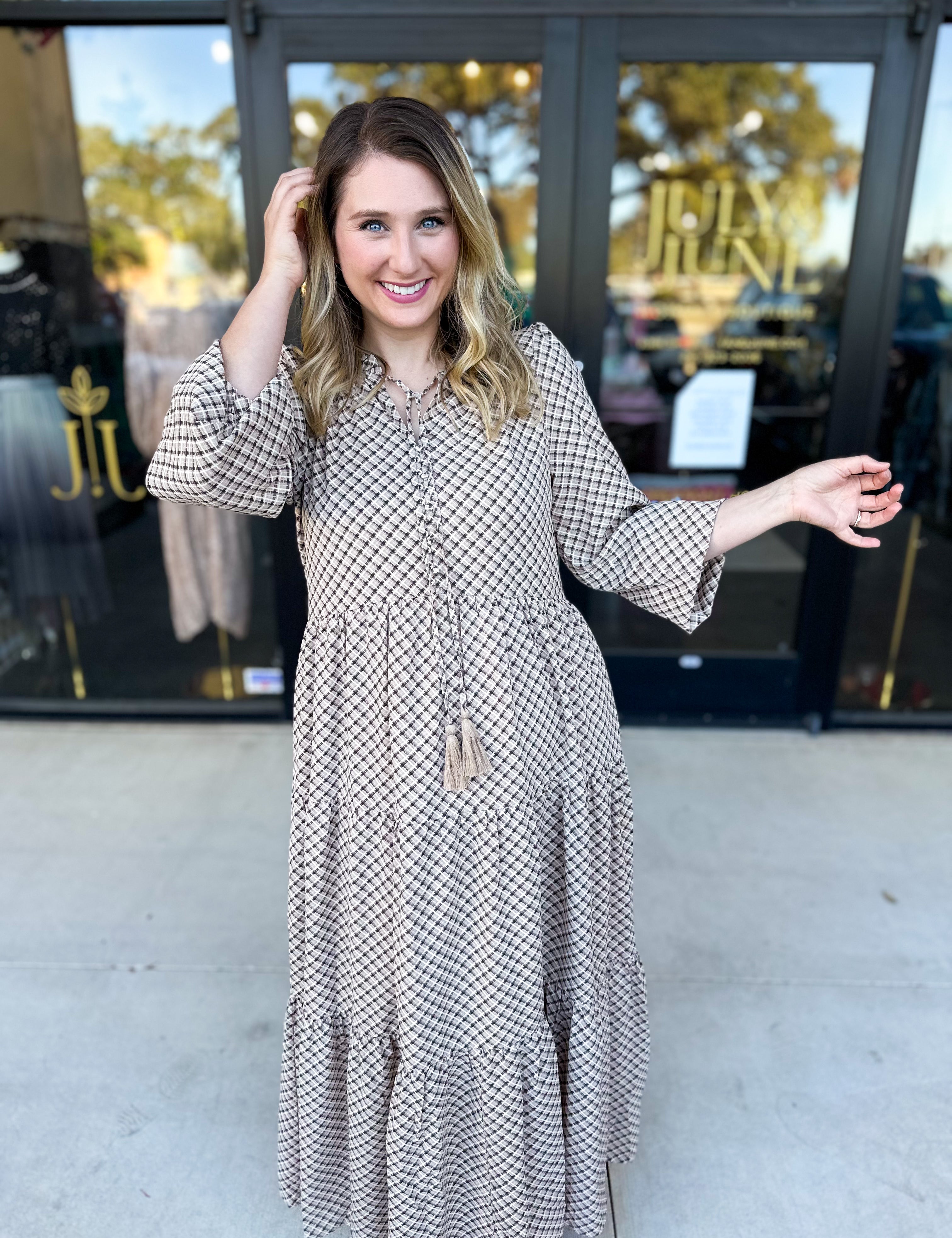 Taupe & Black Midi Dress-500 Midi-POLOGRAM-July & June Women's Fashion Boutique Located in San Antonio, Texas