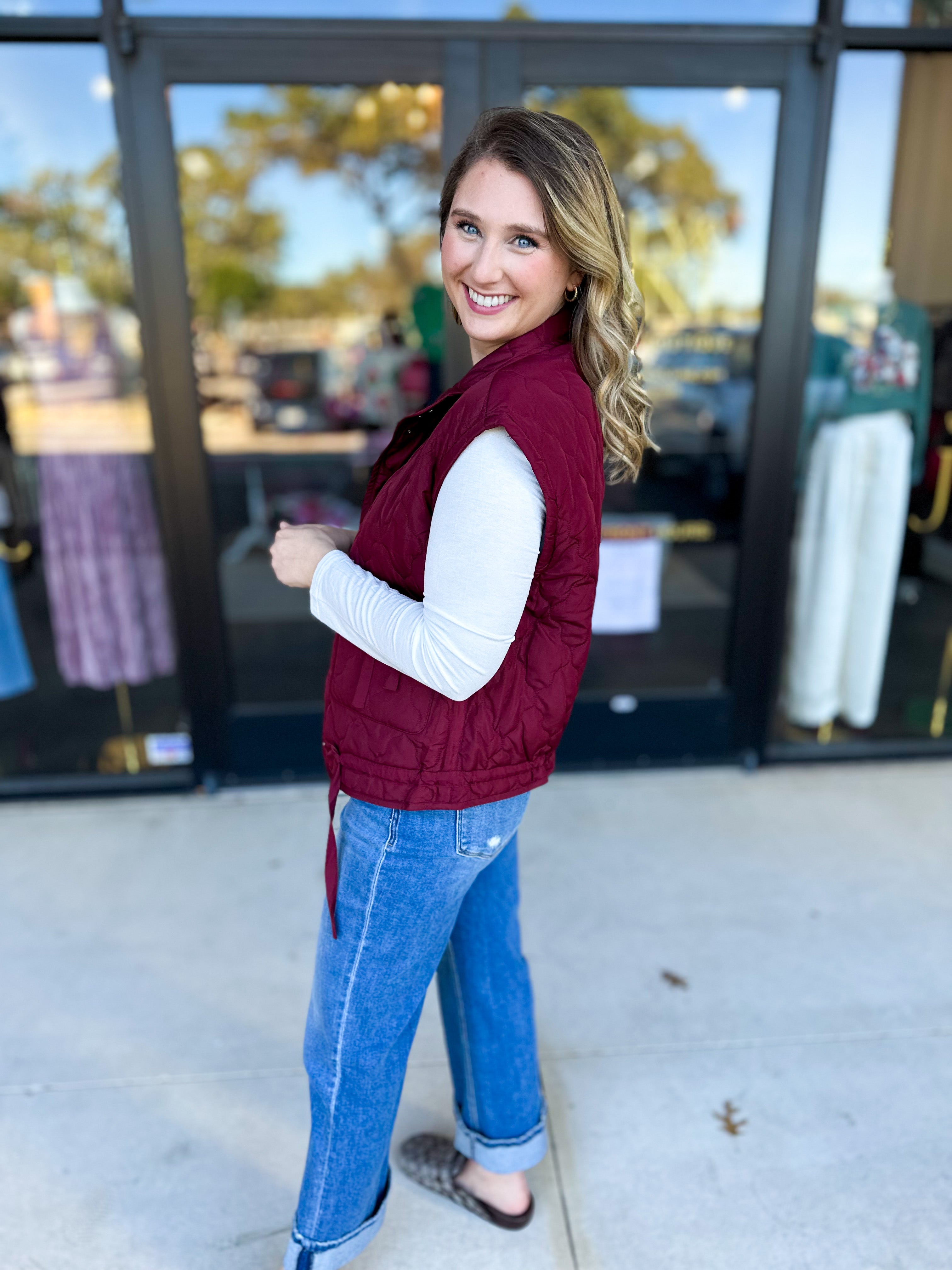 Quilted Bow Vest - Burgundy-600 Outerwear-BLU PEPPER-July & June Women's Fashion Boutique Located in San Antonio, Texas