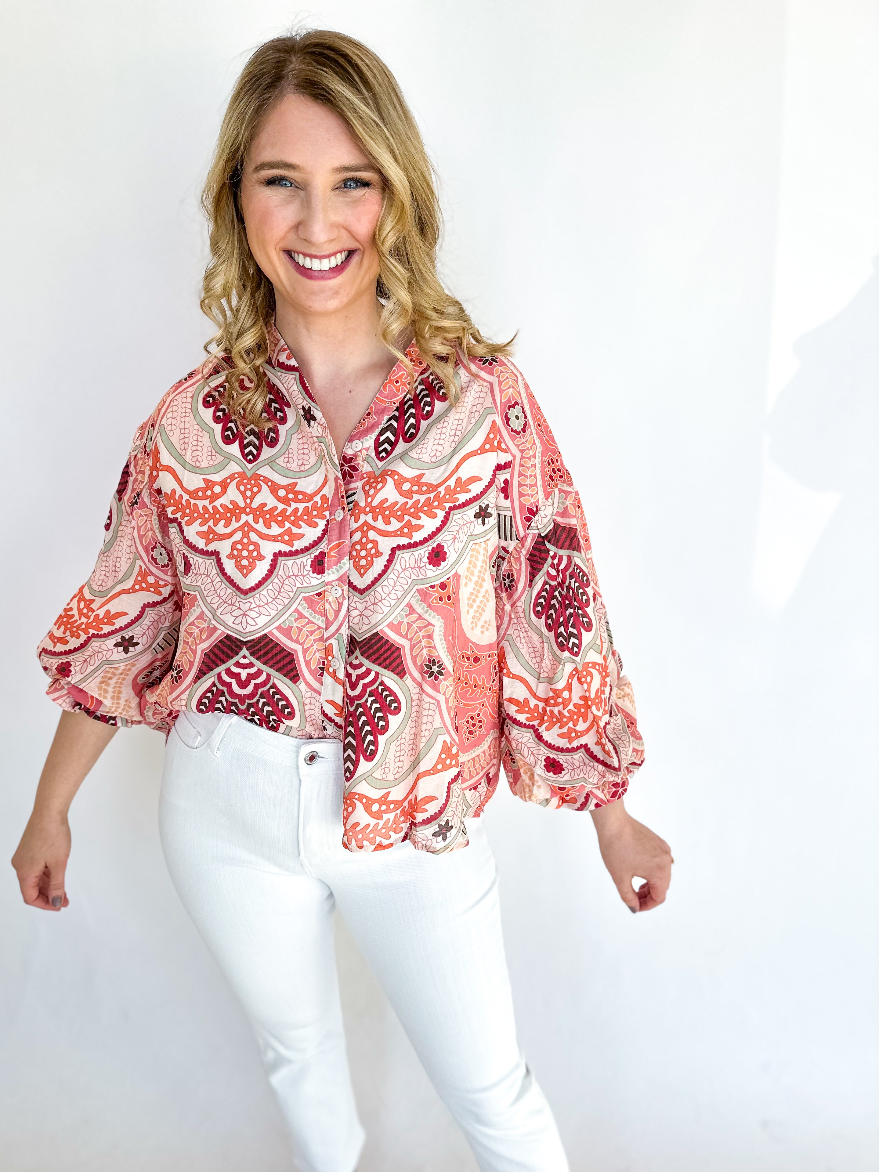 Coral & Pink Floral Blouse-200 Fashion Blouses-FATE-July & June Women's Fashion Boutique Located in San Antonio, Texas